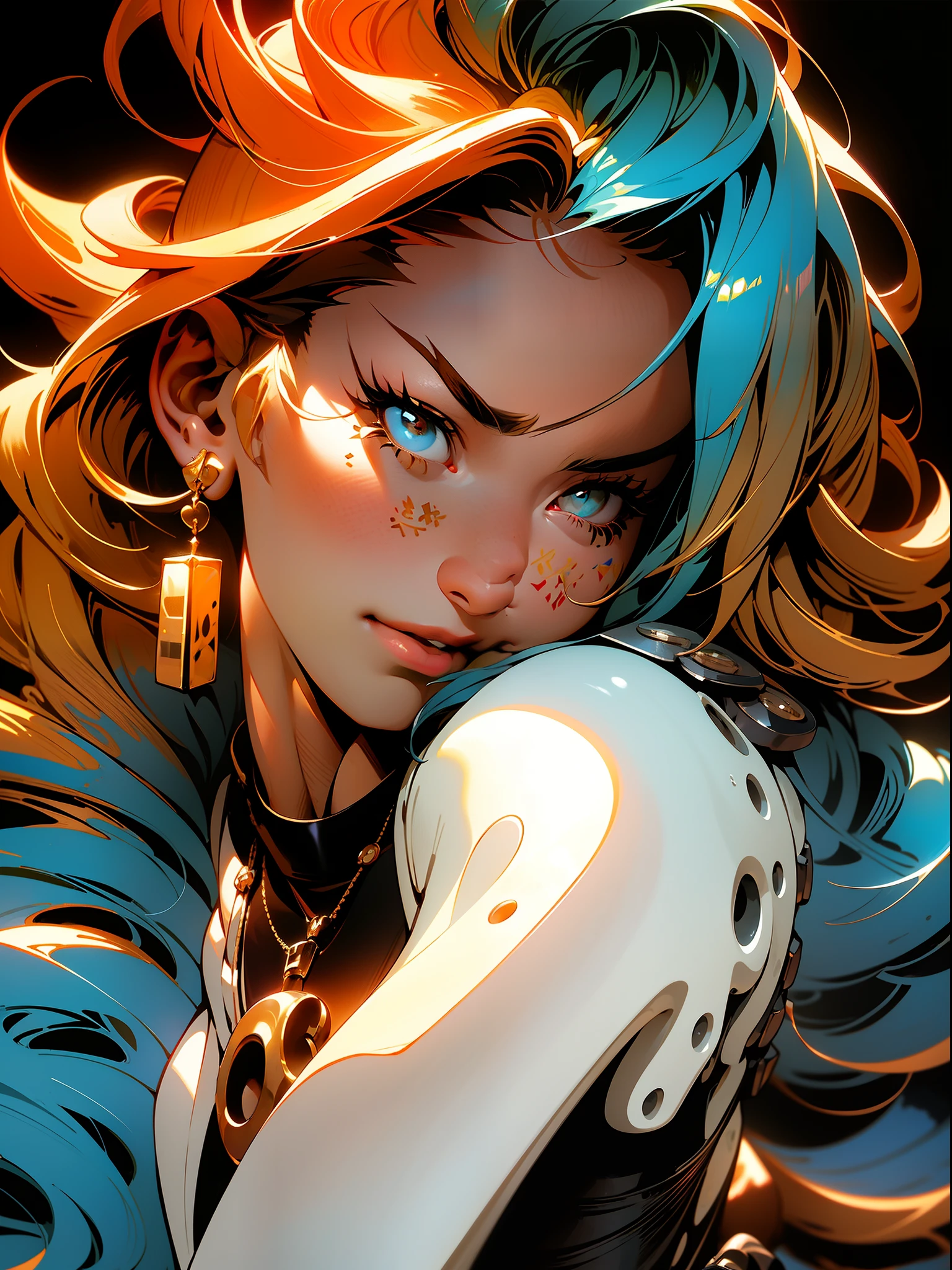 background, mixed-language_text, Japanese letters in graffit ,girls, long blonde hair, excellent lighting, sidelighting, (), vhsKeeper,, style GUILTY GEAR -STRIVE perfect ultimate (flat color: 1.3), (magazine_cover: 1.4), (multicolored_background: 1.3), striped_background, card_background, :: comix style by joe madureira :: circular pieces of white metals glued to the arms ultra detailed coming out sparkling shine, , perfect and detailed, ultra detailed shirt with drawing abstract and with Japanese letters in graffit on the sides of the clothes, image of girls with big breast,