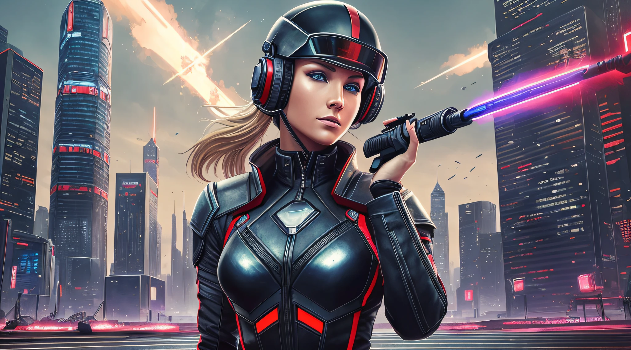 The image is a digital painting of a cyberpunk warrior by artist James Gurney. The warrior is a young and beautiful woman with short, blonde hair, blue eyes and a tattoo on her neck. She wears a black leather suit, which covers her body and has red and silver accents. The suit has several pockets, zippers, buckles and cables, which suggest technological and military functions. She also wears a metal helmet, which has a dark, reflective visor, and a headset with a microphone. She holds a futuristic gun in her right hand, which looks like a pistol with a long barrel and a silencer. The gun has red lights and a digital viewfinder. She points the gun to the side, as if ready to fire. The background of the image is a futuristic city, with tall buildings and full of screens and advertisements. The city has a dark and contrasting color palette, with shades of black, gray, red and blue. The image has a realistic and fantastic style, which combines the technique of oil painting with the elements of science fiction. The image shows a strong and courageous character, who lives in a dangerous and chaotic world. --auto --s2