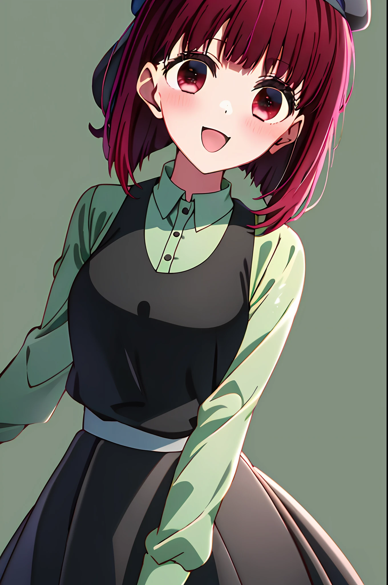 (masterpiece, best quality, highres),
arima kana \(oshi no ko\),
plaid beret, hair ribbon, black vest, green sweater, long sleeves, dress, solo,