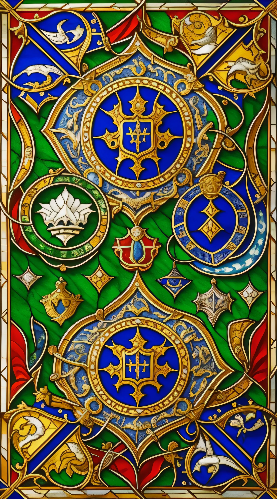 Creation of a medieval coat of arms on a banner, using the styles of Gothic and Baroque. Rich colors and detailed features in the foreground with a focus on shades of blue and green. Use elements like fish, ships, spears, crowns, shields, and anything else that fits the theme. Stained glass like background with fine strokes of broken lines.