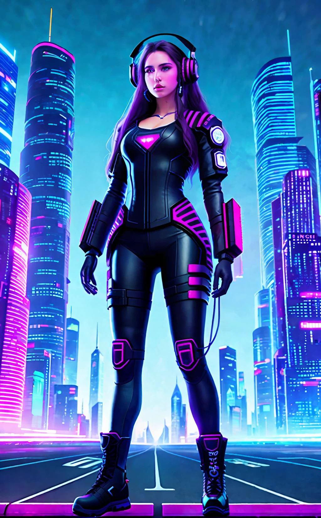 Long-haired woman with full-body cyberpunk headphones and a futuristic city background