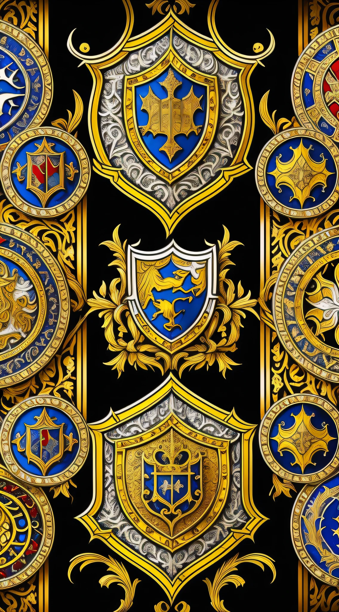 Creation of a medieval coat of arms on a banner, using the styles of Gothic and Baroque. Rich colors and detailed features in the foreground with a focus on shades of black, white and gold. Use elements like horses, spears, crowns, shields, and anything else that fits the theme. Stained glass like background with fine strokes of broken lines.