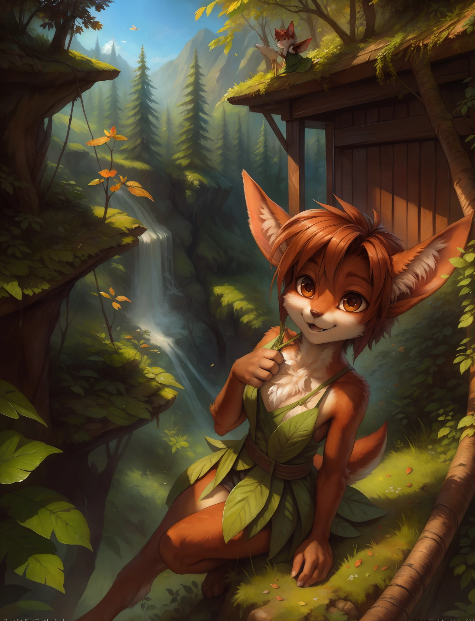 by kenket, by totesfleisch8, (by thebigslick, by silverfox5213:0.8), (by syuro:0.2), elora furry, detailed and extremely fluffy body fur, fluff, masterpiece, looking up beautiful surroundings, detailed background, happy, leaf-dress,