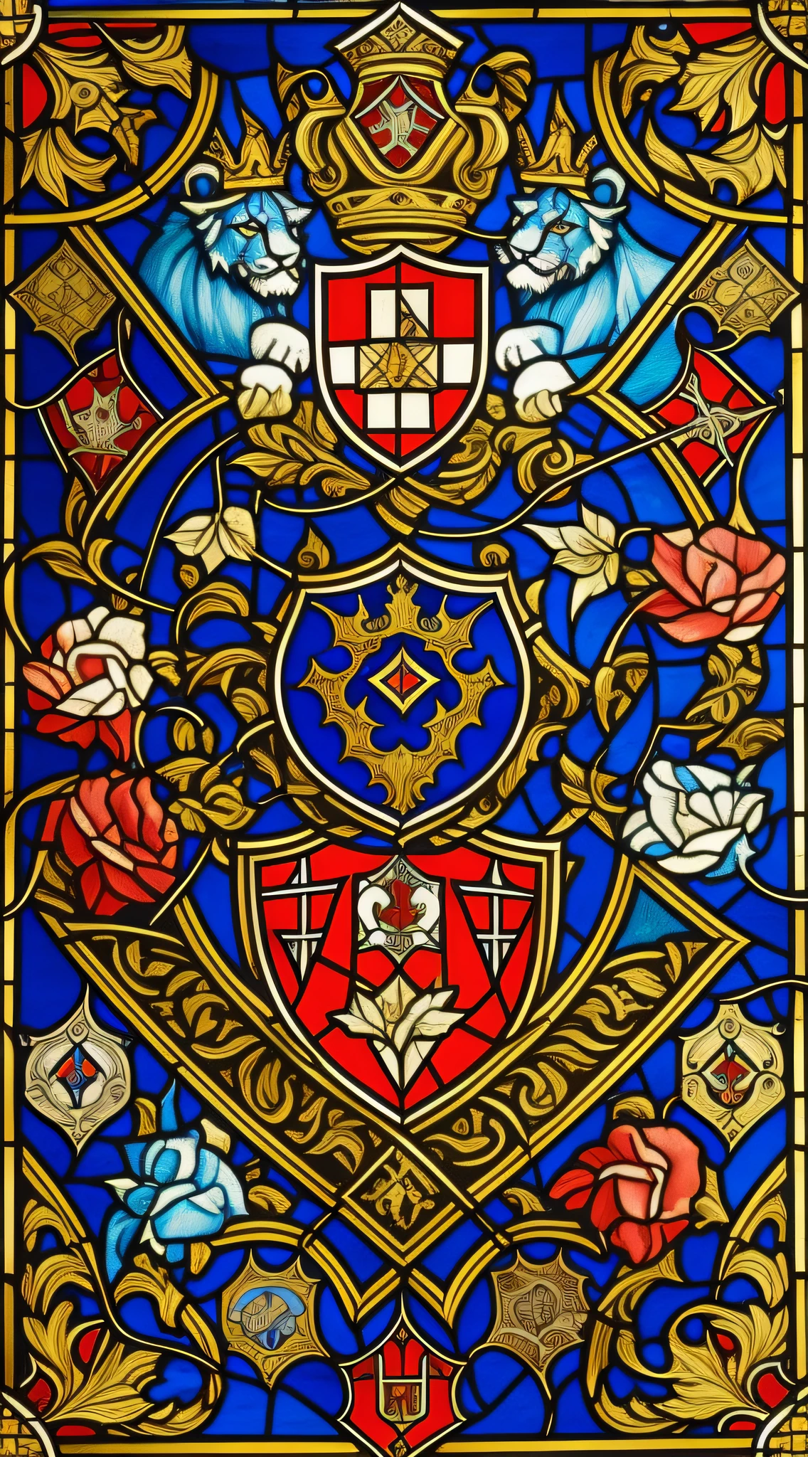 Creation of a medieval coat of arms on a banner, using the styles of Gothic and Baroque. Rich colors and detailed features in the foreground with a focus on shades of blue and red. Use elements like lions, crosses, knives, hammers, crowns, shields, and anything else that fits the theme. Stained glass like background with fine strokes of broken lines.