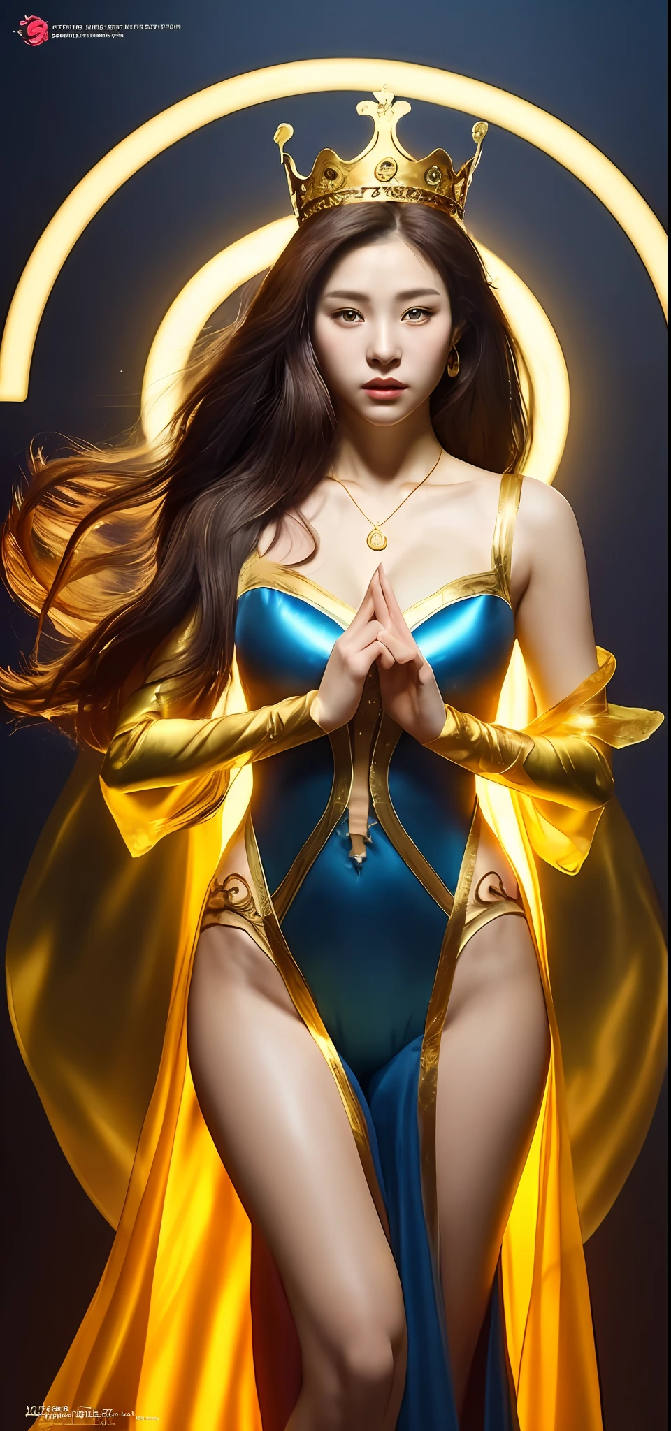 One beautiful girl, sexy beautiful girl, (golden light from behind), full body, (golden see-through decorated golden leotard), (golden necklace), wearing golden fluttering cloth, (very small crown on head), (straight straight hair), (15 years old), (slim with small face), (H cup big), (belly button exposed), (arms, exposed thighs), (thighs exposed), ( cleavage, exposure), art station chen wei pan, Yang J, detailed fantasy art, stunning character art, fan art best art station, magnificent exquisite character art, full body, standing