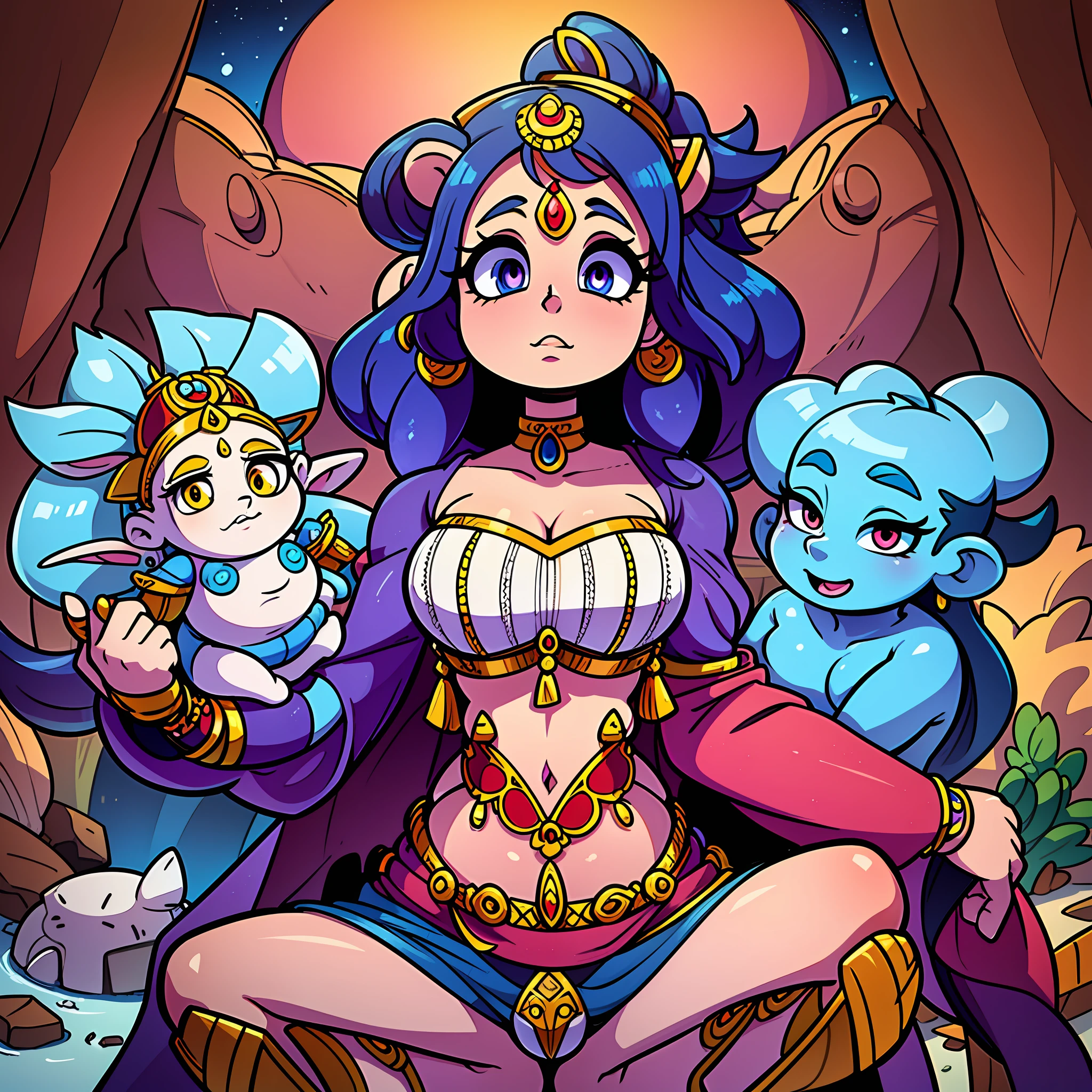 Create an image of villagers in a modern or futuristic setting, gazing up at a Hindu deity of your choice, such as Ganesha, Vinayaki, or a Matrika goddess. The characters in the image should be reimagined with altered physical features, such as a three times larger head and eyes, a three times smaller body, and a three times larger breasts. Additionally, the characters’ hair color should be changed. Use vibrant colors, intricate patterns, and contemporary design elements to give the image a unique and eye-catching look. Consider incorporating symbolic elements or themes associated with the deity, such as traditional jewelry or elements of cuteness.