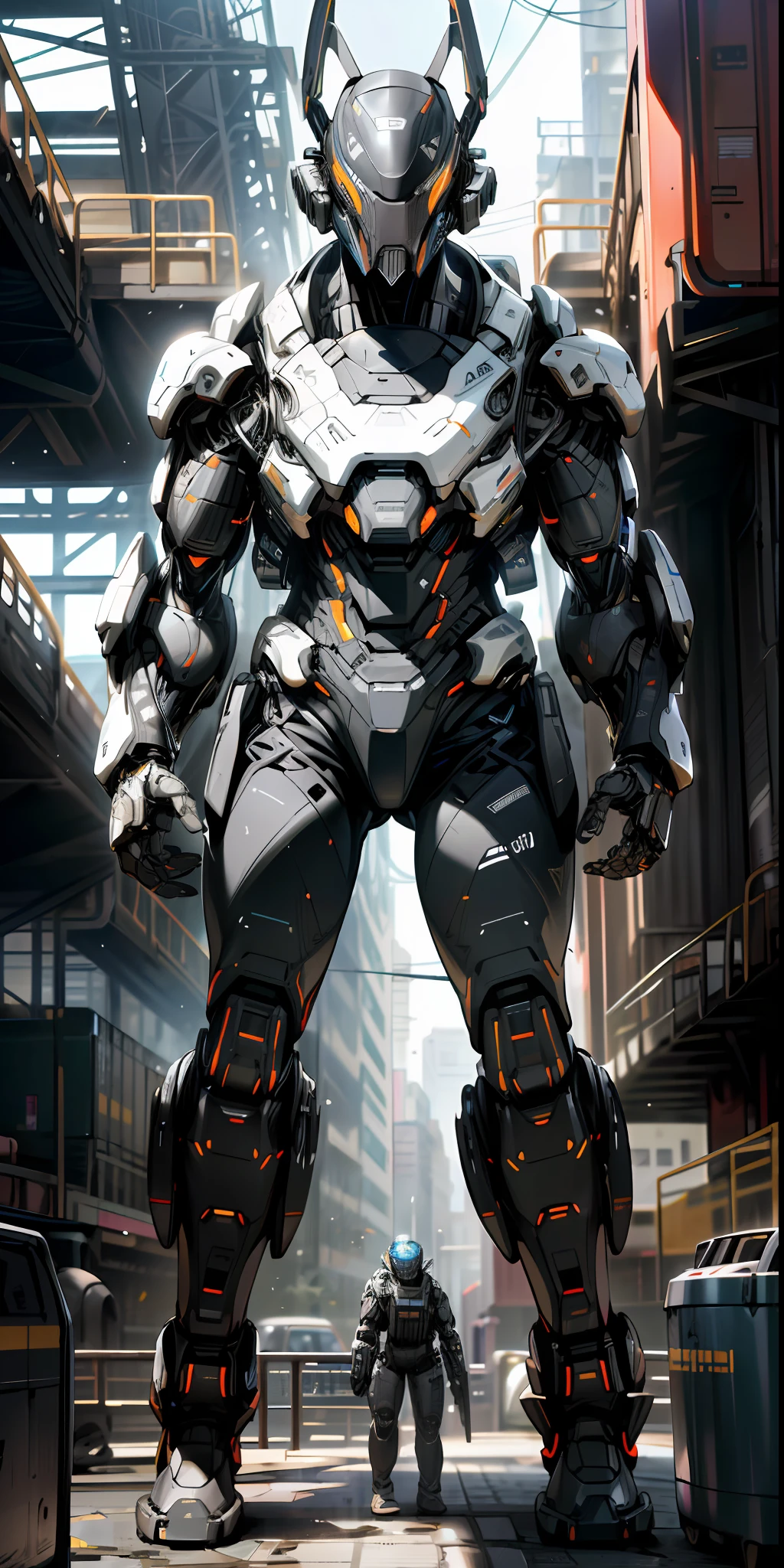 Stylish black glowing aircraft, (huge humanoid robot with complex structure), 300 meters tall robot, fine glowing complex parts, high definition, detailed drawing, 8K, (((black body)), peeking out of the building, urban, ground battle, mobile warrior, deck up,
