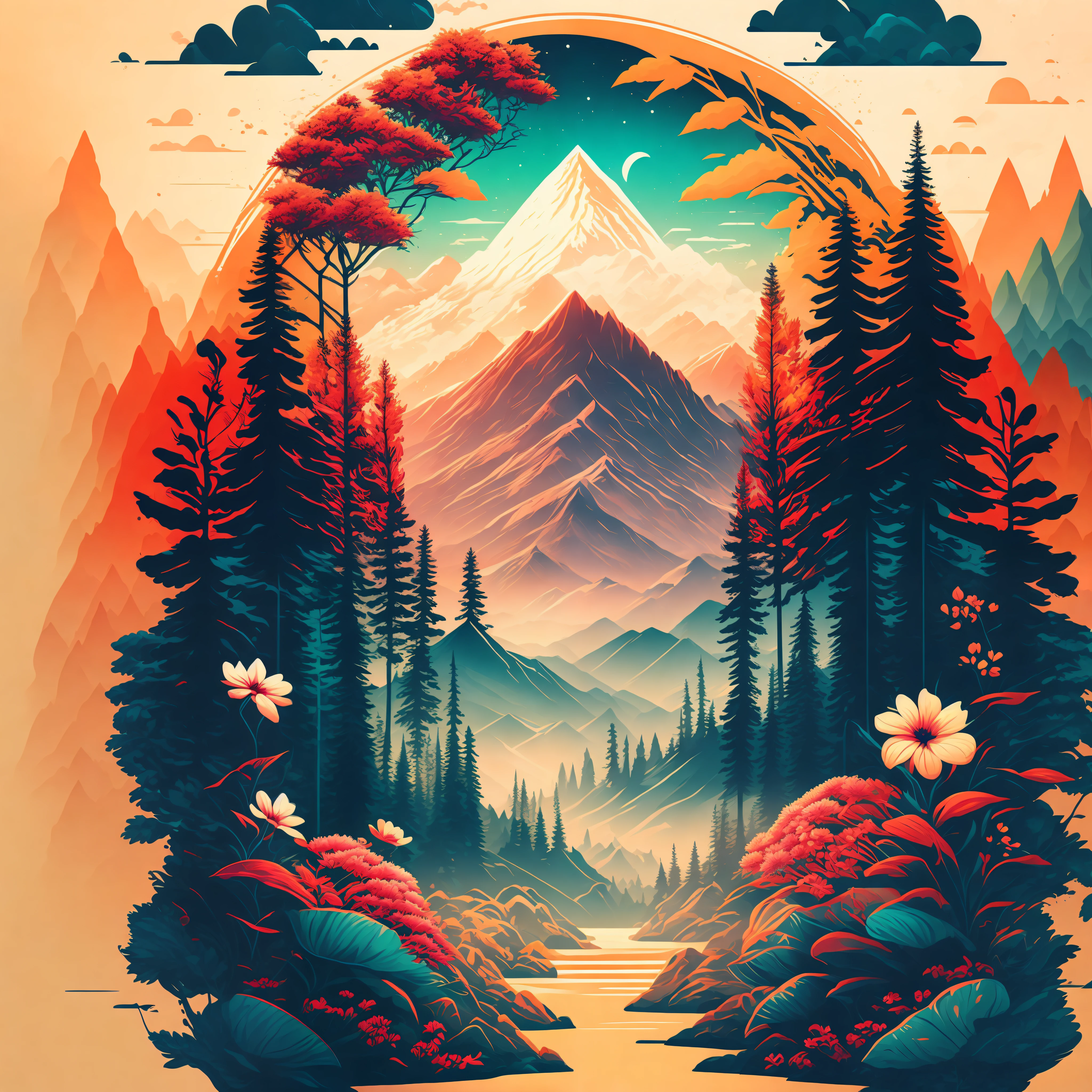 A forest in a summer landscape mountains and flowers, T-shirt design, midjourney, vector art, hydro74