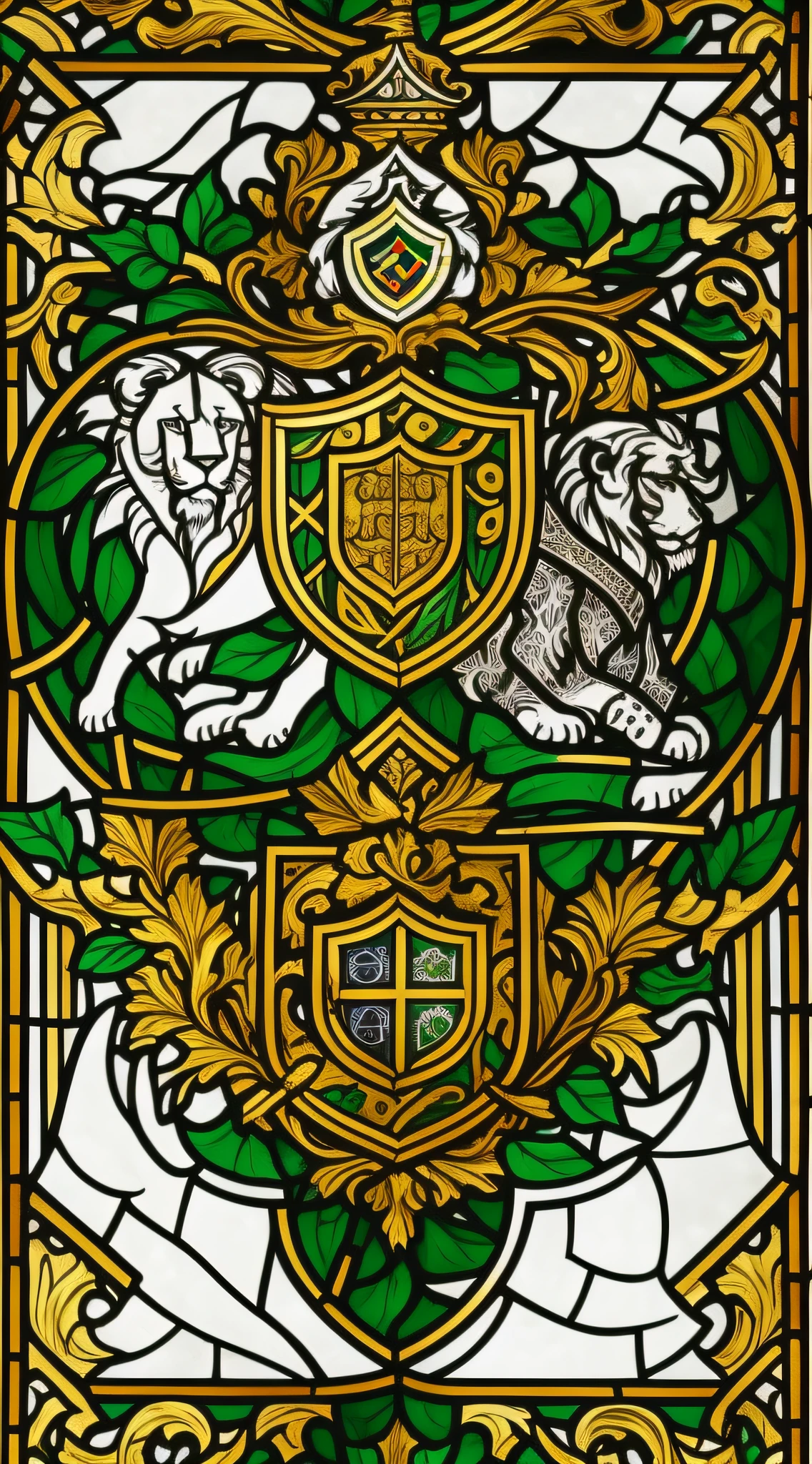 Creation of a medieval coat of arms on a banner, using the styles of Gothic and Baroque. Rich colors and detailed features in the foreground with a focus on shades of green and gold. Use elements like lions, crosses, knives, hammers, crowns, shields, and anything else that fits the theme. Stained glass like background with fine strokes of broken lines.