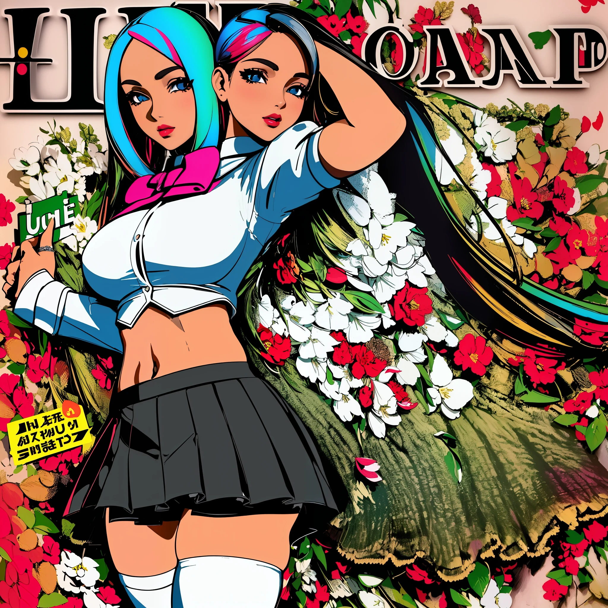 ((((best quality))), (((ultra detailed))), (((masterpiece))), illustration,(Magazine cover-style illustration of a fashionable Argentinean woman in a vibrant outfit), posing in front of a colorful and dynamic background. She has a confident expression and is holding a statement accessory, The text on the cover should be bold and attention-grabbing, with the title of the magazine and a catchy headline. The overall style should be modern and trendy, with a focus on fashion and lifestyle),
wall paper,crowds,fashion,Lipstick,ray tracing,depth of field, street,in public,day
2girls,2heads, conjoined, cheeks touching, two heads, side by side, looking at viewer, glossy skin, contrapposto, navel, midriff, female focus,model,medium breasts, ,street,in public, semi transparent ultrathin white shirt unbuttoned, school uniform, black knee high tights,black short miniskirt, arms crossed,
cool, see-through, school uniform,jitome,
,underboob,floating flowing hair, sexy ,fine fabric emphasis, dynamic pose, negative space:0.35, realistic:1.33,