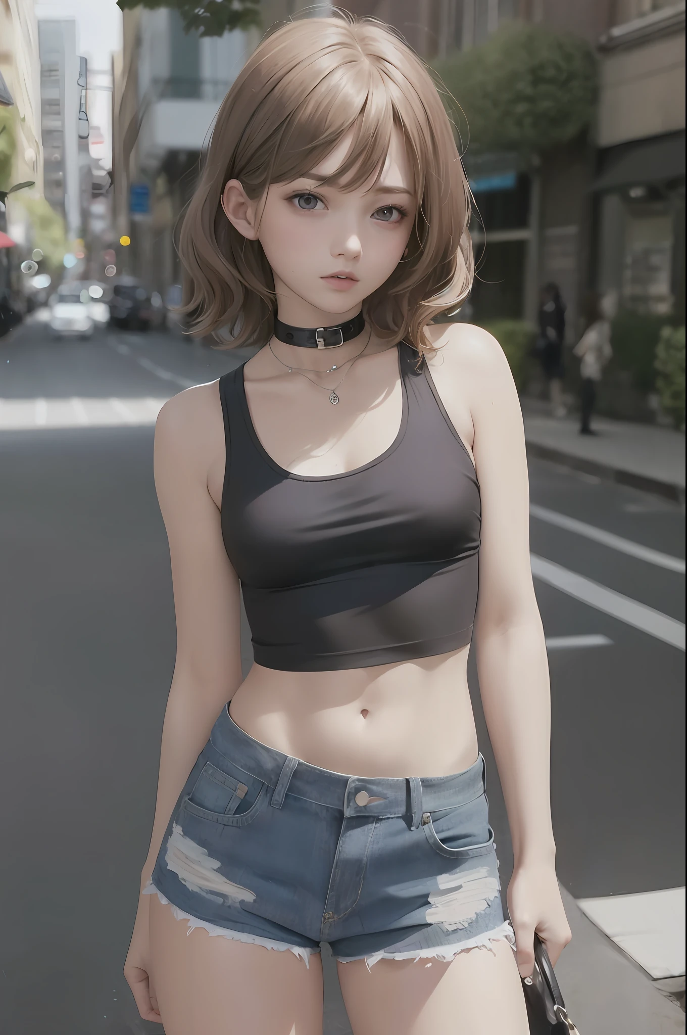 ((medium breast, tomboy girls, small head)),  (chiseled abs : 1.1), (perfect body : 1.1), (short wavy hair : 1.2) , auburn hair, collar, chain, full body shot, crowded street, wearing black tanktop, jeans jacket, ((shorts)), (extremely detailed CG 8k wallpaper), (an extremely delicate and beautiful), (masterpiece), (best quality:1.0), (ultra highres:1.0)