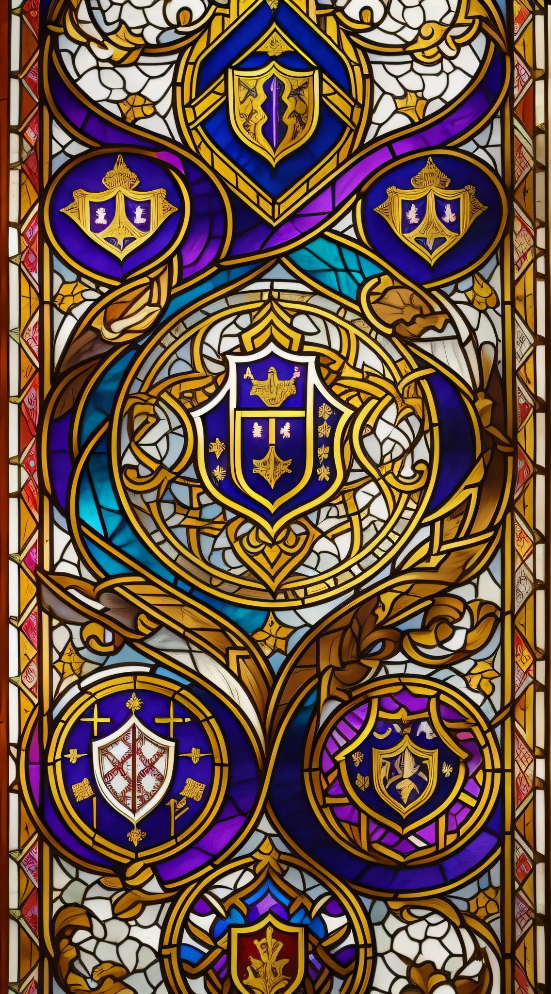 Creation of a medieval coat of arms on a banner, using the styles of Gothic and Baroque. Rich colors and detailed features in the foreground with a focus on shades of white, purple and gold. Use elements like lions, crosses, knives, hammers, crowns, shields, and anything else that fits the theme. Stained glass like background with fine strokes of broken lines.