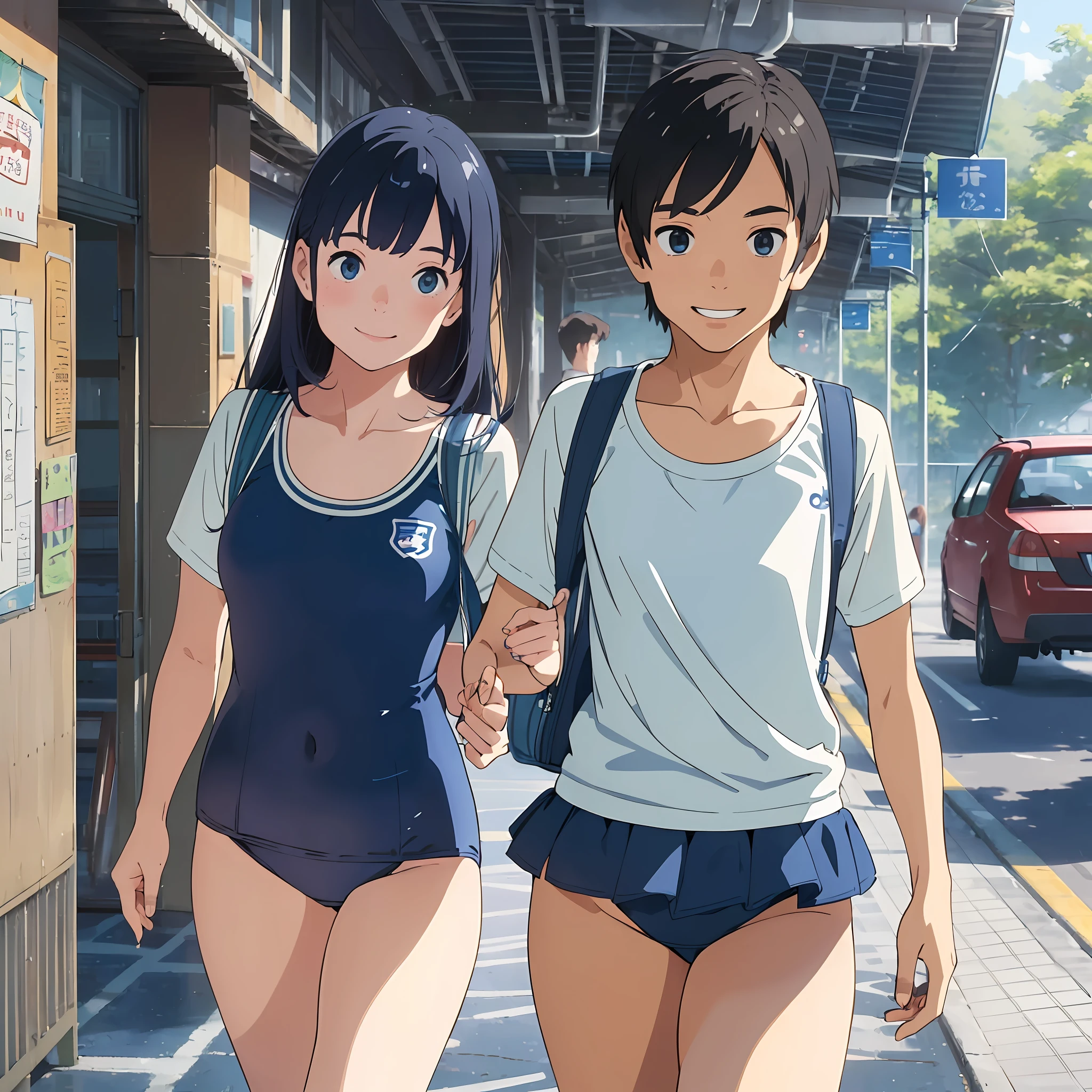 ((Girl in dark blue school swimsuit)),Teen,Smiling,(Boy in white T-shirt and navy blue swimsuit),Hand in hand,Walking,Going to school,[Japan scene] --auto --s2