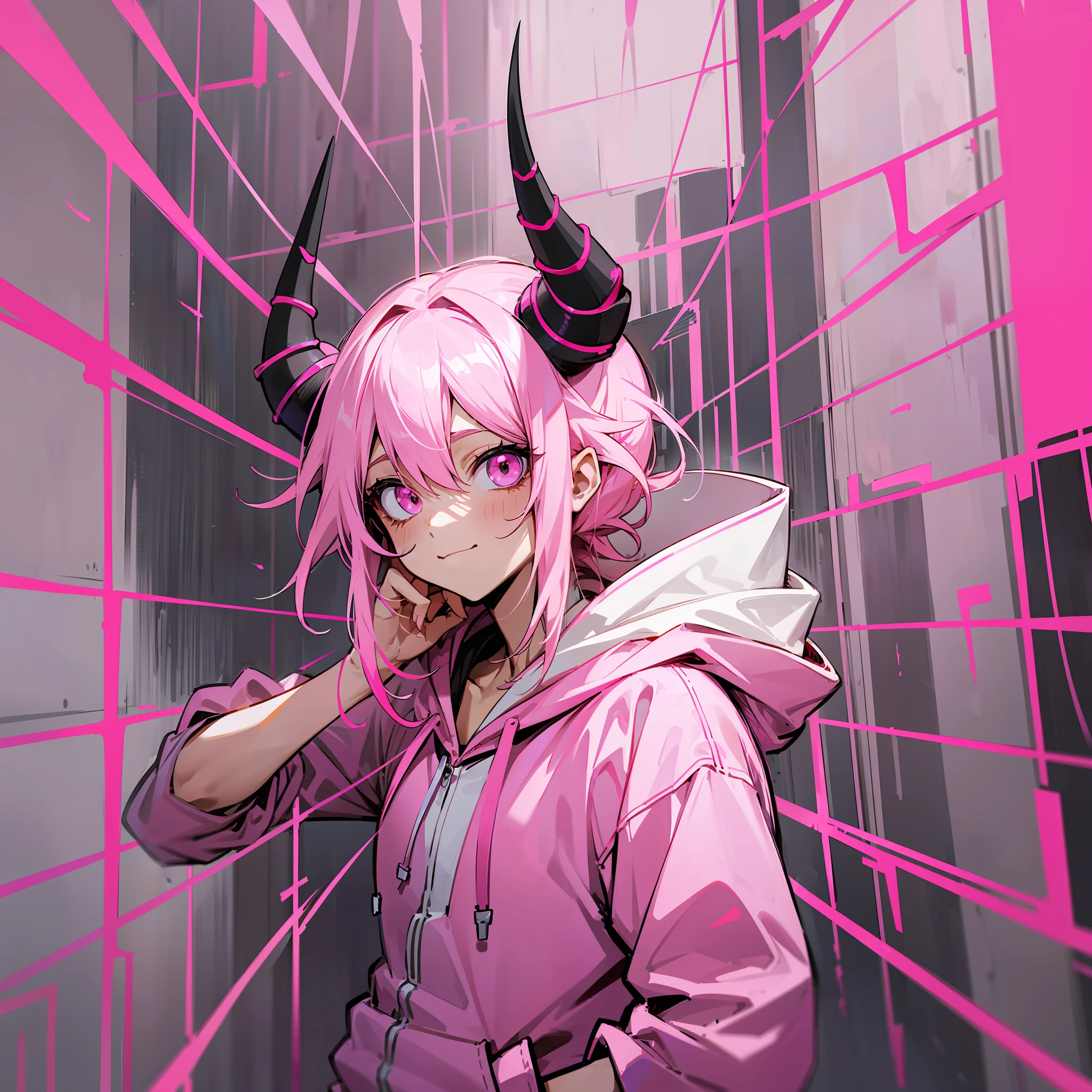 anime character with pink hoodie and horned horns in a pink hoodie, trigger anime artstyle, pink iconic character, glowing pink face, [[[[grinning evily]]]], ((pink)), pink face, inspired by Eiichiro Oda, demon boy, big pink eyes, digital art from danganronpa, konachan --auto --s2