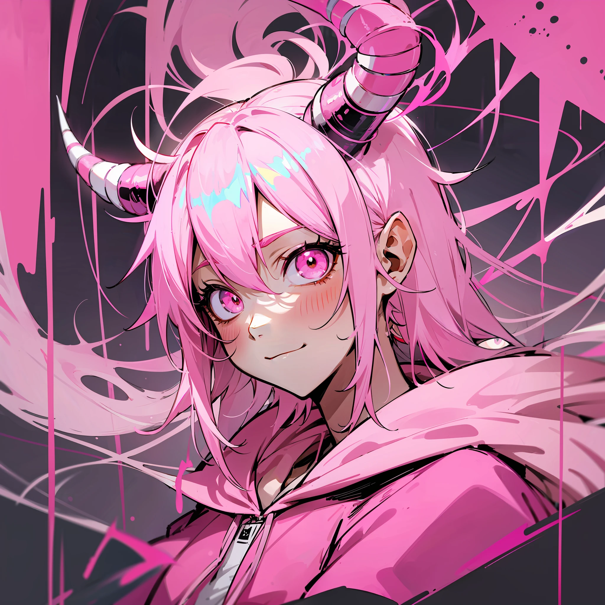 anime character with pink hoodie and horned horns in a pink hoodie, trigger anime artstyle, pink iconic character, glowing pink face, [[[[grinning evily]]]], ((pink)), pink face, inspired by Eiichiro Oda, demon boy, big pink eyes, digital art from danganronpa, konachan --auto --s2