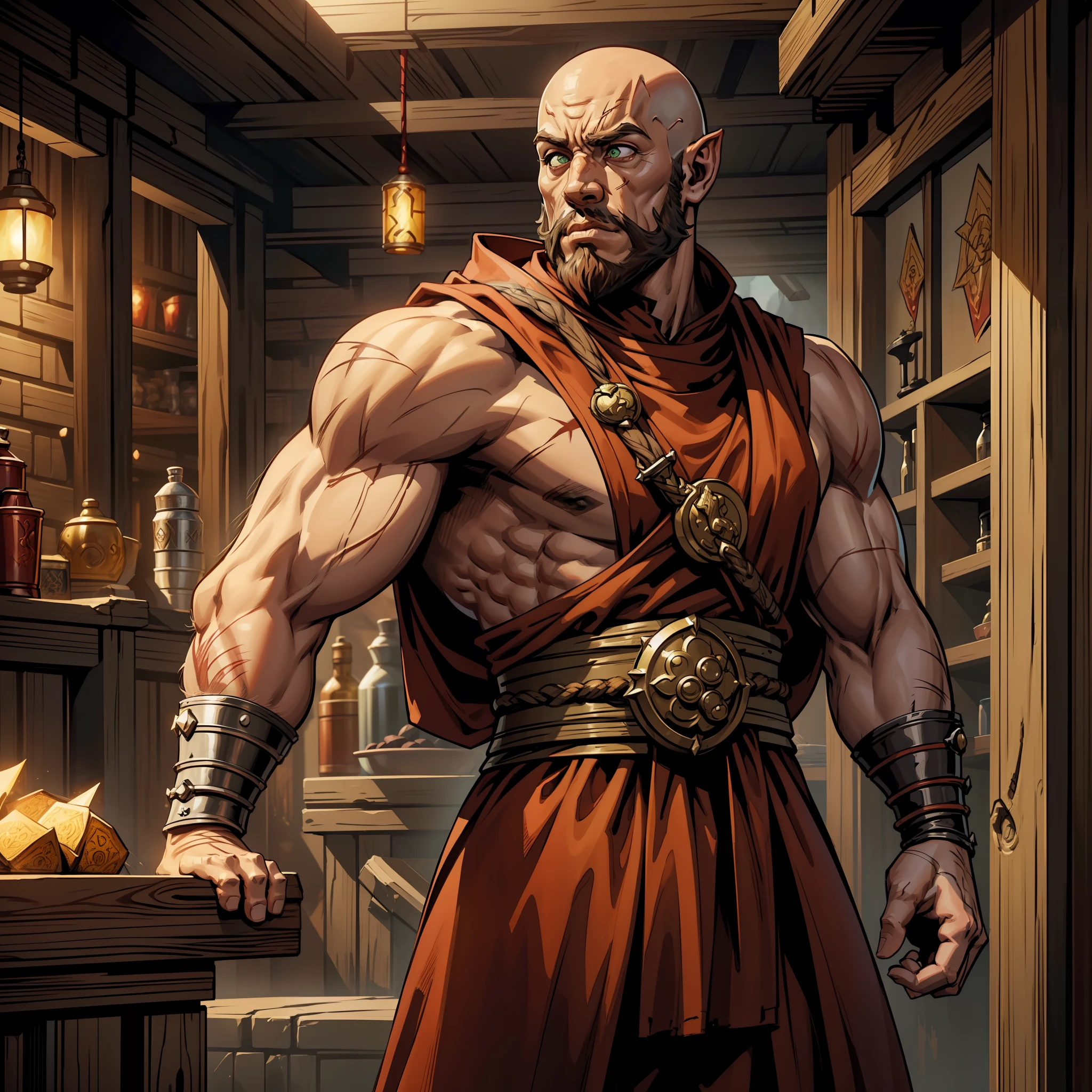 (extremely detailed 8k wallpaper:1.2), (best quality:1.2), (adventure and fantasy theme), profile (Paizo Pathfinder RPG character and Dungeons & Dragons), (((human race man))), young, strong, sharp focus, (subsurface scattering:1.1), award-winning photography, ((Monk Class:1.3)), ((half-body shot:1.1)), centered face, red-headed bald, freckles on face, big red beard, green eyes:1.2,  scars on arms, angry expression, wearing red monk warrior clothes, clenched fists, (standing in tavern:1.3), (very detailed background:1.2),dramatic lighting, SFW