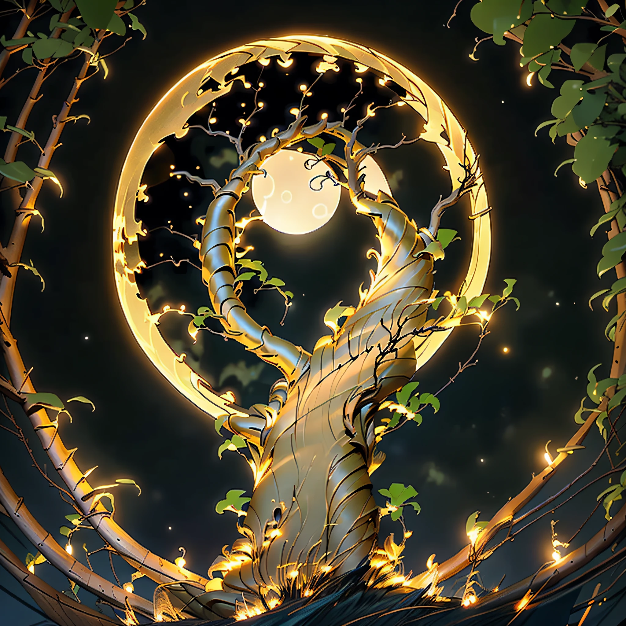 A night vision reveals the glowing golden tree as a beacon of beauty amid the darkness. Under the moonlight, its leaves glow softly, like small dots of golden stars. The huge roots glow in the darkness, seeming to flow like veins of gold in the soil.