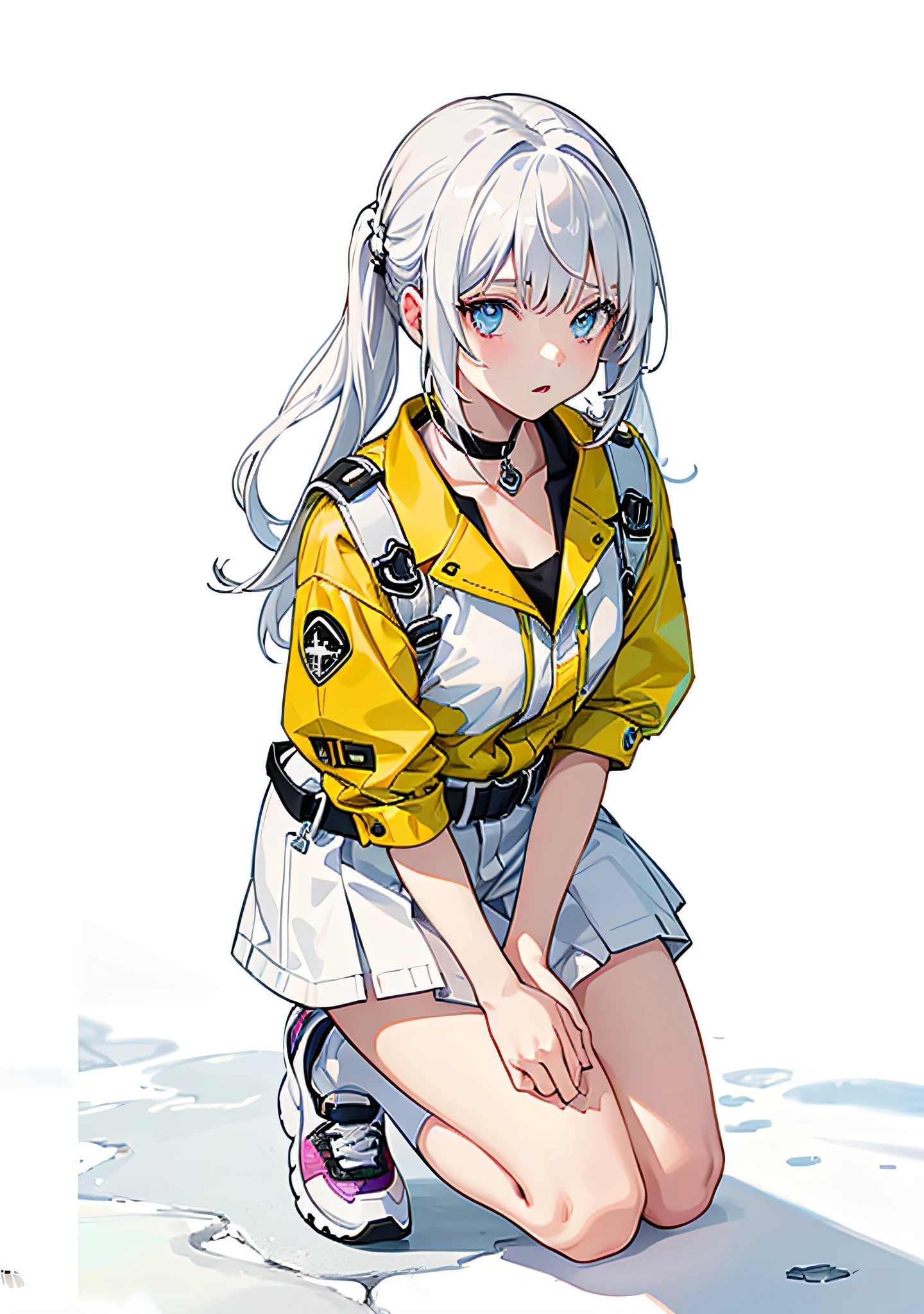 1girl kneeling down, wearing shoes, stylish outfit, white hair, outdoor, neon lights