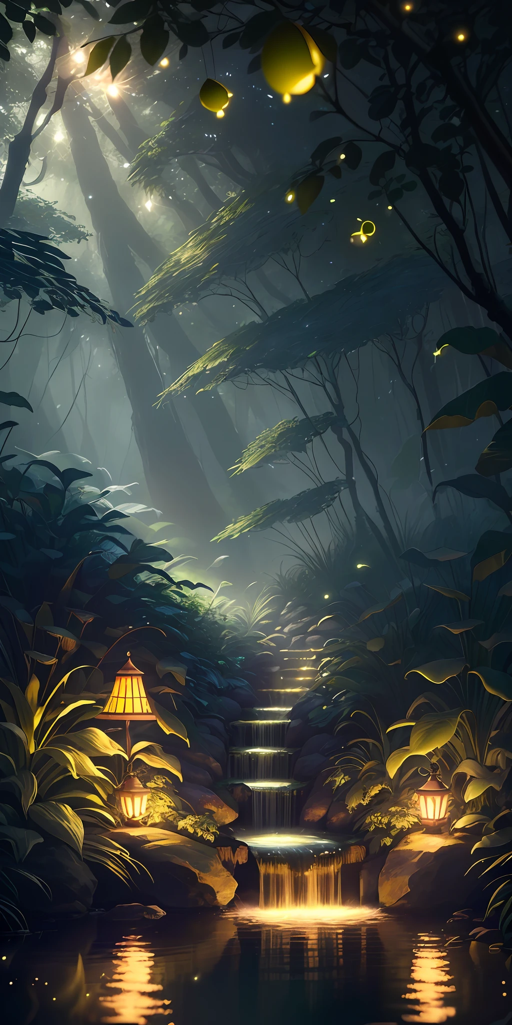 Masterpiece, best quality, (CG 8k wallpaper very detailed), (best quality), (best illustration), (best shadows), bright sprite, with a bright deer, in the pool Drinking water, natural elements in the theme of the forest . Mysterious forest, beautiful forest, nature, surrounded by flowers, delicate leaves and branches surrounded by fireflies (natural elements), (jungle theme), (leaves), (branches), (fireflies), ( Similar to Amazon jungle etc.3D , Octane rendering, ray tracing, super detailed