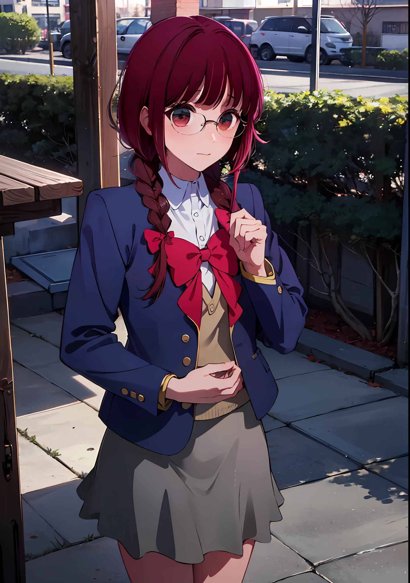 (8k, RAW photo, highly sensitive, best quality, extremely detailed hair, masterpiece, ultra high res, photorealistic:1.25) kr-pny, thin rimmed glasses, the front, twin braids, parted bangs, 1girl, school uniform, dark grey open jacket, dark grey blazer, pleated skirt, plaid skirt, huge breasts, gold round eyewear, reading a book, shy and quiet girl, looking afar, holding a book,