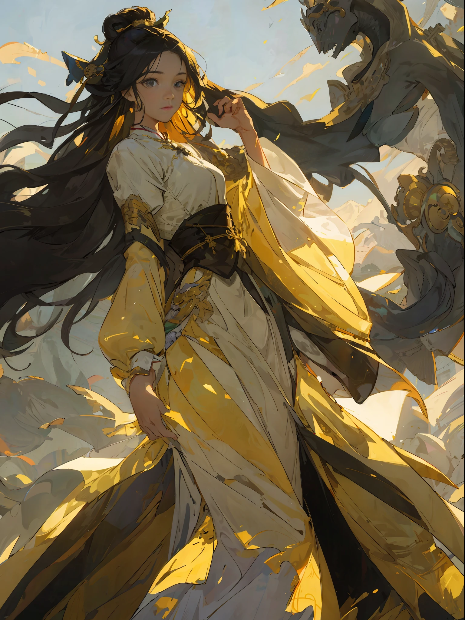 A girl, ancient Chinese costume, whole body, sunshine, clear face, clean white background, masterpiece, super detail, epic composition, ultra HD, high quality, extremely detailed, official art, uniform 8k wallpaper, super detail, 32k