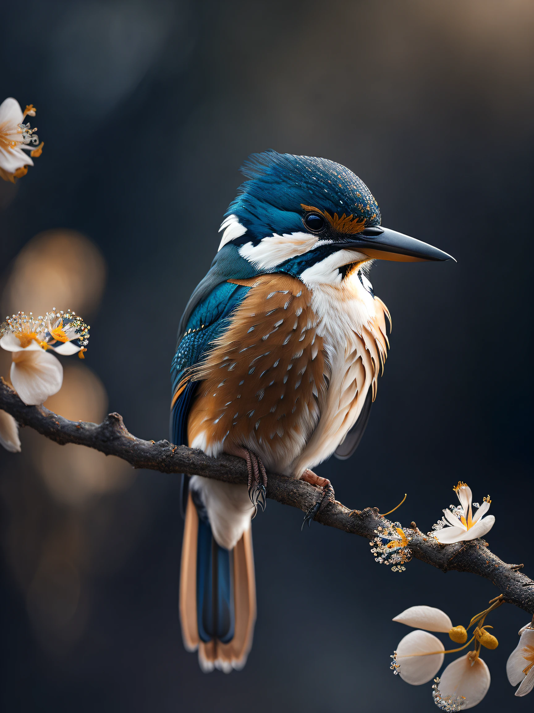 superb kingfisher on a branch near budding white cherry flowers, dark, dawn, (chilly early morning:1.1), (morning dew:1.15), realistic photography, (low-key photograph:1.2), detailed, 8k, intricate ruffled feathers, water droplets on the feathers, (to8contrast style), (mist:0.7), vivid colors, Sony a6600 Mirrorless Camera, embellish2