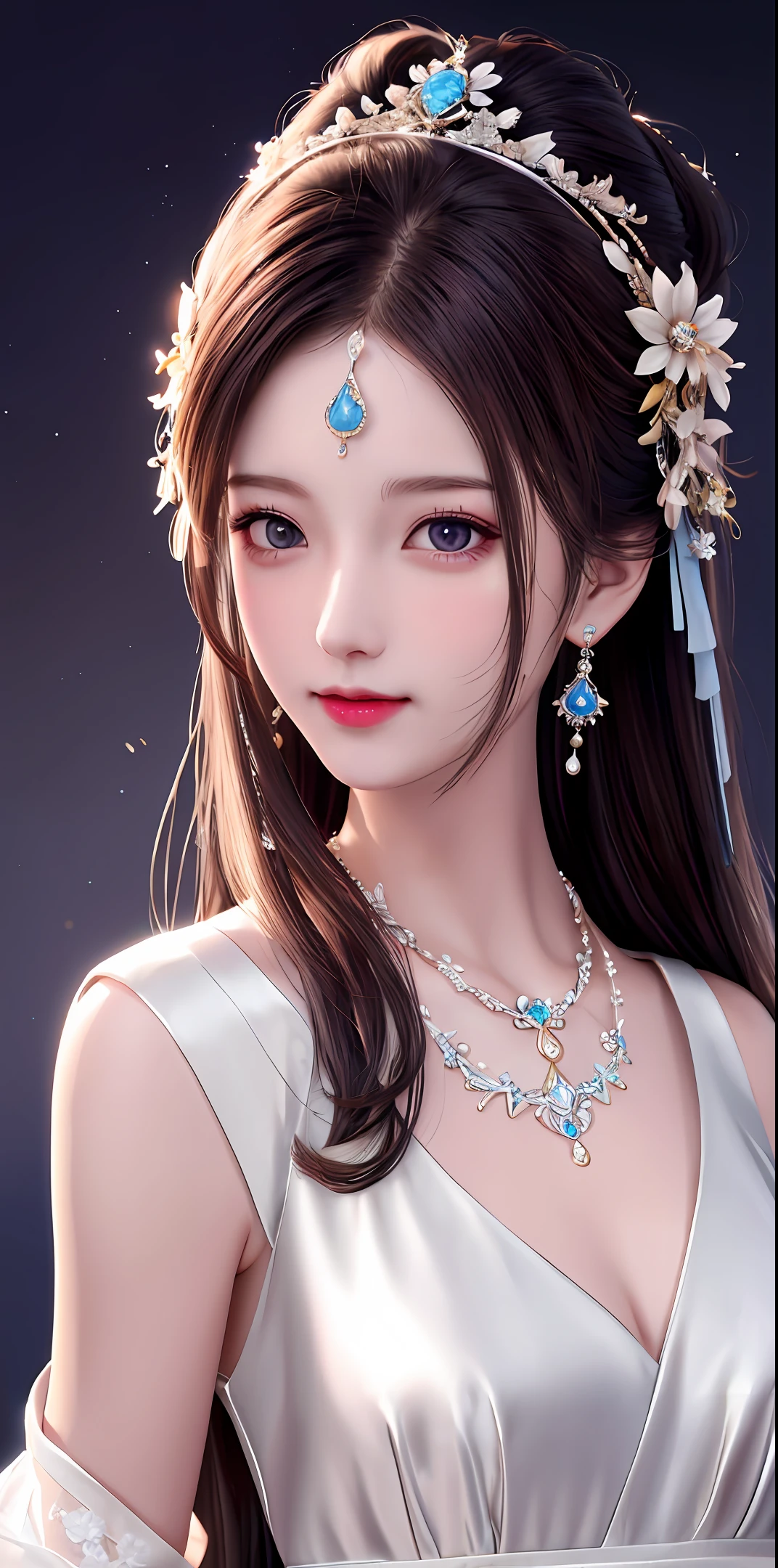 Best quality, masterpiece, high resolution, 1girl, clear silk porcelain dress, beautiful face, hair accessories, looking at the audience, smiling, close your mouth, lips, dress, hair accessories, necklaces, jewelry, long hair, earrings, beautiful face, on the body, Tindal effect, realism, dark studio, edge lighting, two-tone lighting, (high detail skin: 1.2), 8k UHD, DSLR, soft light, high quality, volumetric lighting, photo, high resolution 4K, 8k, blurred background