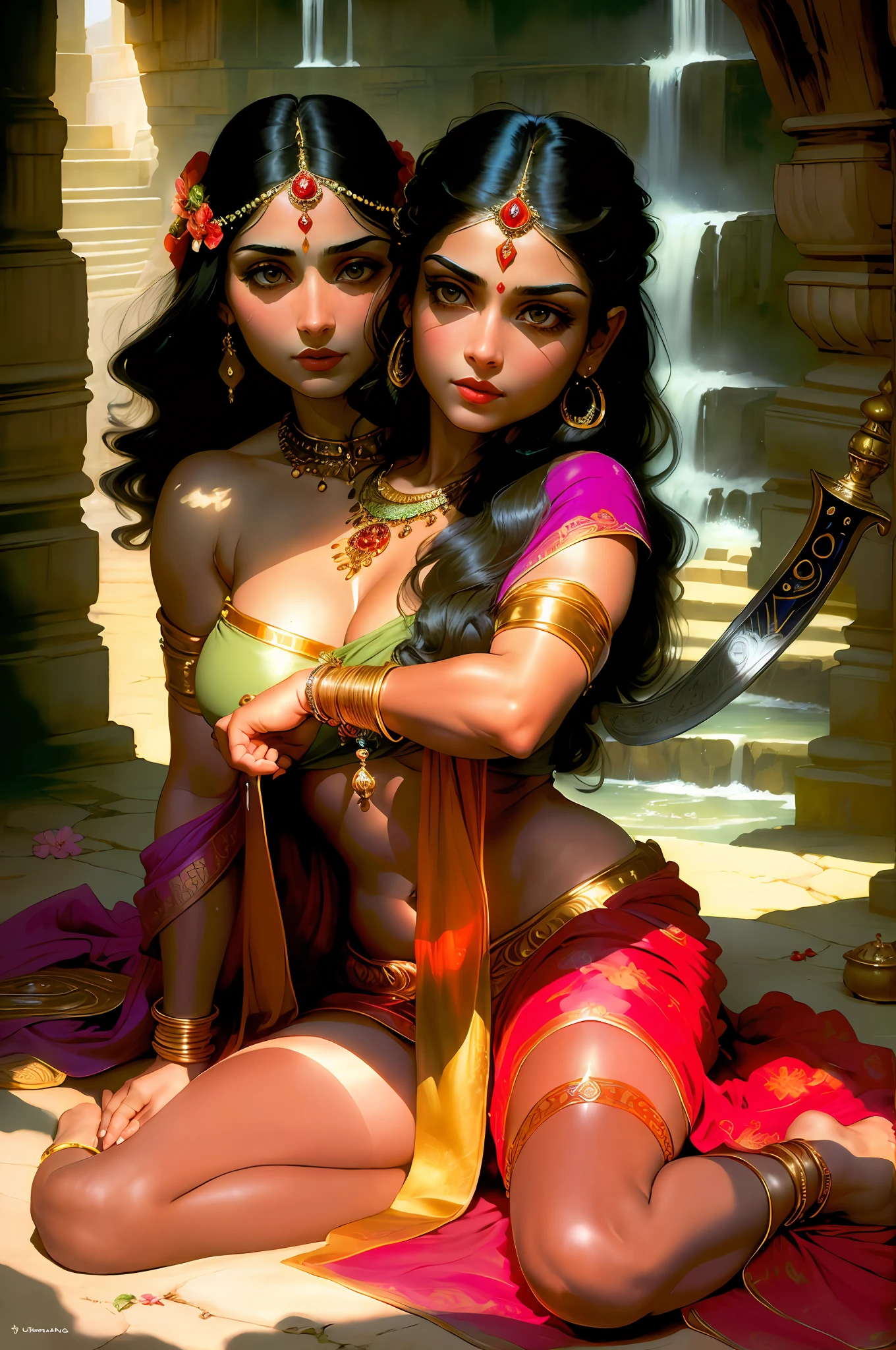 ((realistic:1.5)),((best quality)), ((masterpiece)),((detailed)), (2girls), conjoined, 2heads, multiple limbs, multiple legs, {a beautiful female wearing a Sari}, (upper body:1.3),super-wide-angle lens,face focus, mature,sexy,toned muscles,long legs,curvy,barefoot,oversized firm breasts,open cleavage,drooping breasts,thick thighs,wide hips,thin legs,green eyes,long black hair,floting hair,long eyelashes,(detailed face,beautiful eye,detailed pupilss,detailed clothes features,clear background:1.3),(Bindi,Jhumkas:1.3),(Armlet, Haar, Payal,Maang Tikka,Jhumkas,Kamarband,Bangles:1.3),mysterious ancient ruin, lush forests, deep canyons,bridge,river,cliff,cloud, lakes,rock,waterfalls, flowers, grass, fog,vine,tree, smoke,best shadow,bright details,sharp,perfect composistion, Intricate, Sharp focus, dramatic, by Frank Frazetta,by Julie Bell,by Olivia De Berardinis,by Luis Royo,by boris vallejo, (specular lighting:1.3),rim light,princesses,princesses playing with water,royal skimpy underwear,random royal color,laying on the floor,queen spooning princess,hand on underwear,thirsty face,erotic face,lips open,almost undressed,underwear slid down,female bodyguard with sword,gasping,breathing hard,visible slit,wet princess