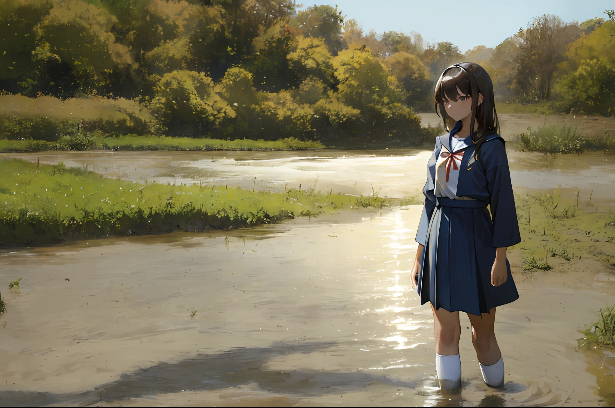 there is a girl in a uniform walking through a muddy field, standing in a pond, wearing japanese school uniform, she is walking on a river, standing in a shallow river, standing in shallow water, seifuku, japanese girl school uniform, japanese school uniform, girl wearing uniform, standing in a lake, of a youthful japanese girl, of a schoolgirl posing