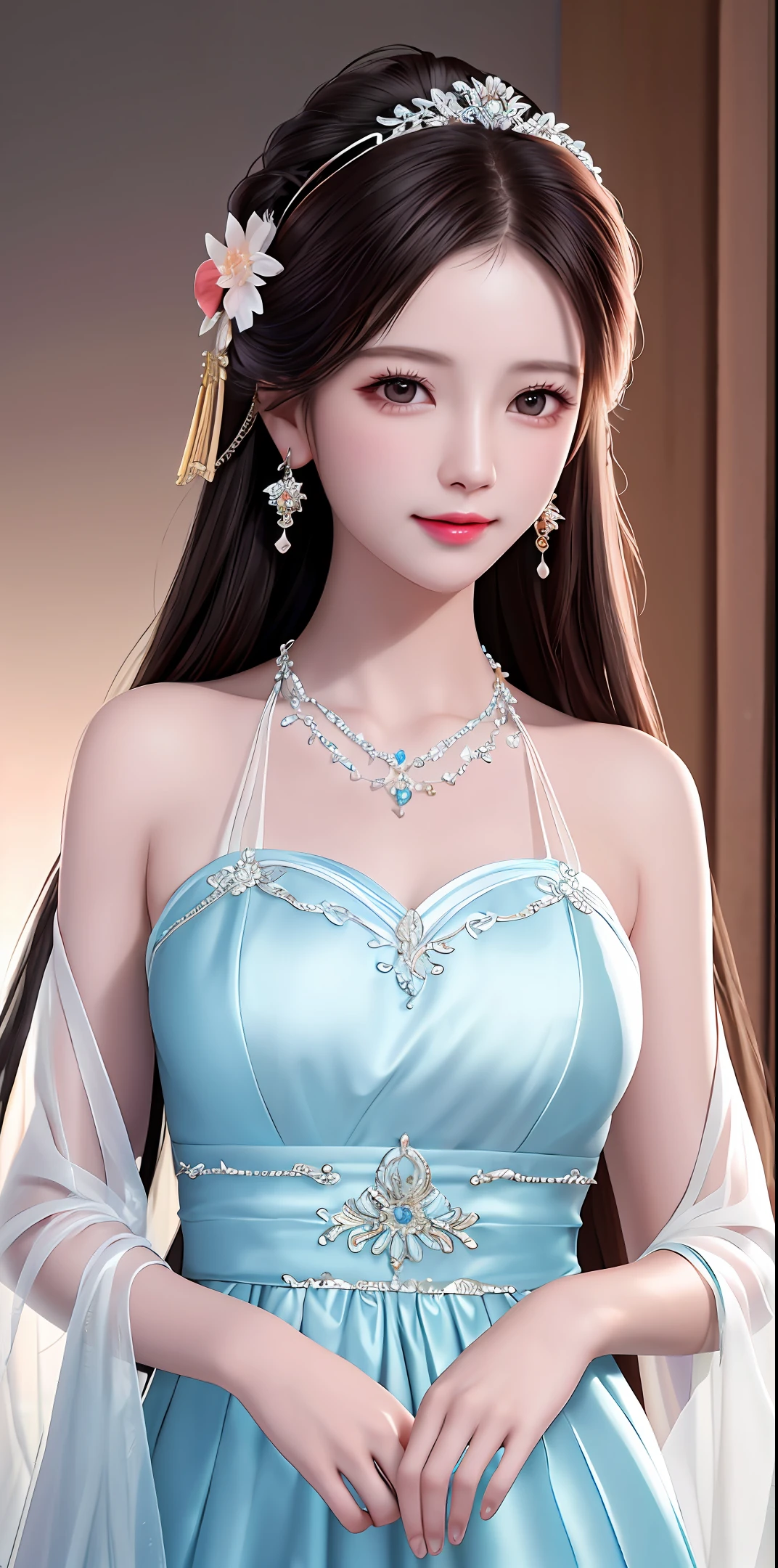 Best quality, masterpiece, high resolution, 1girl, clear silk porcelain dress, beautiful face, hair accessories, looking at the audience, smiling, close your mouth, lips, dress, hair accessories, necklaces, jewelry, long hair, earrings, beautiful face, on the body, Tindal effect, realism, dark studio, edge lighting, two-tone lighting, (high detail skin: 1.2), 8k UHD, DSLR, soft light, high quality, volumetric lighting, photo, high resolution 4K, 8k, blurred background