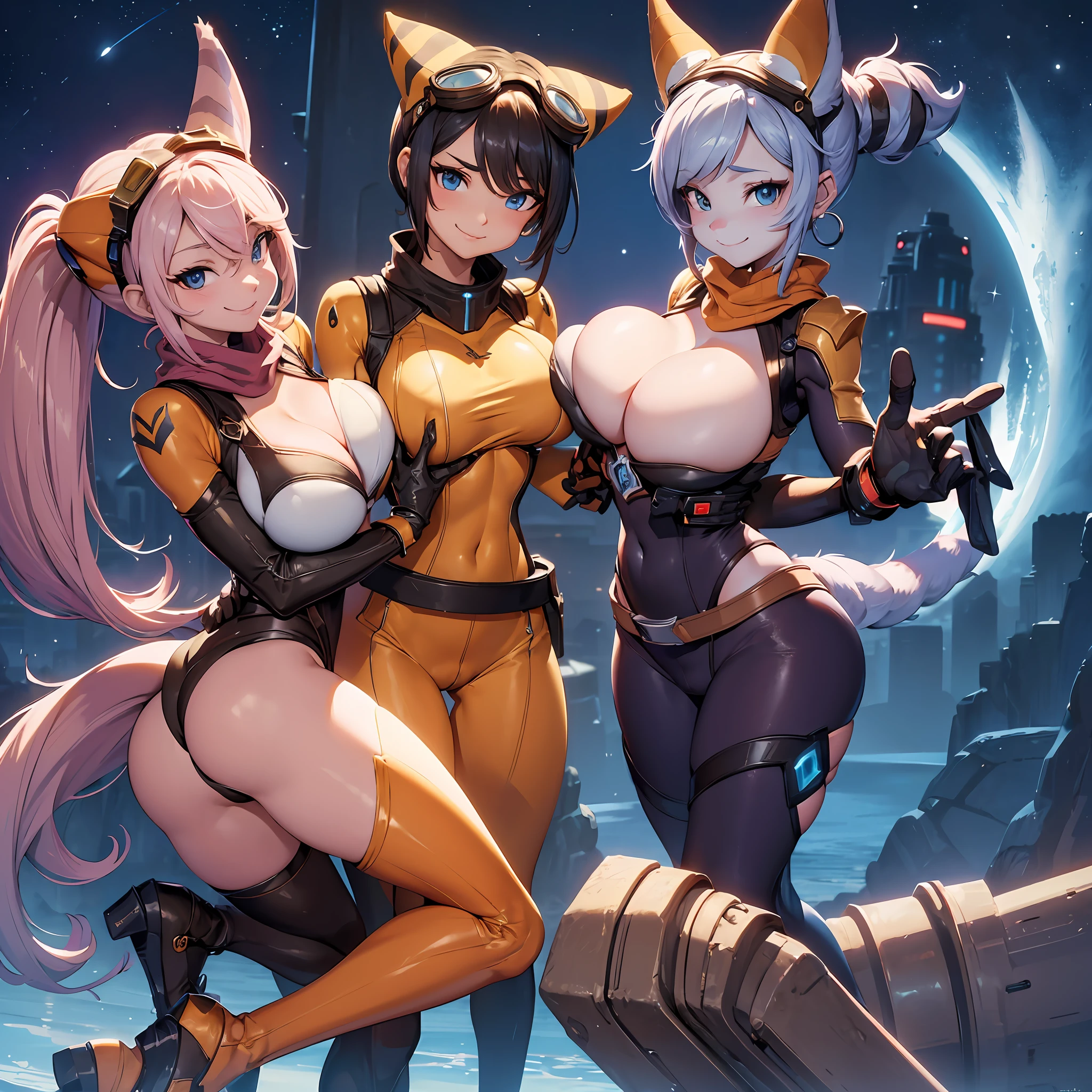 masterpiece,best quality, 8k,1girl,((furry)) , rivetlombax, blue eyes, animal ears, earrings, goggles on head, bangs, mechanical arms, scarf, bodysuit, belt, 1tail, (tail is attached to the ) , forest, smile, not human, assg,(looking flirtie) ,smile,forest,cartoon style, cute, (breast full body picture, thick thighs, camel toe, n, night time sky full of stars, arms crossed, Ratchet and Clank,