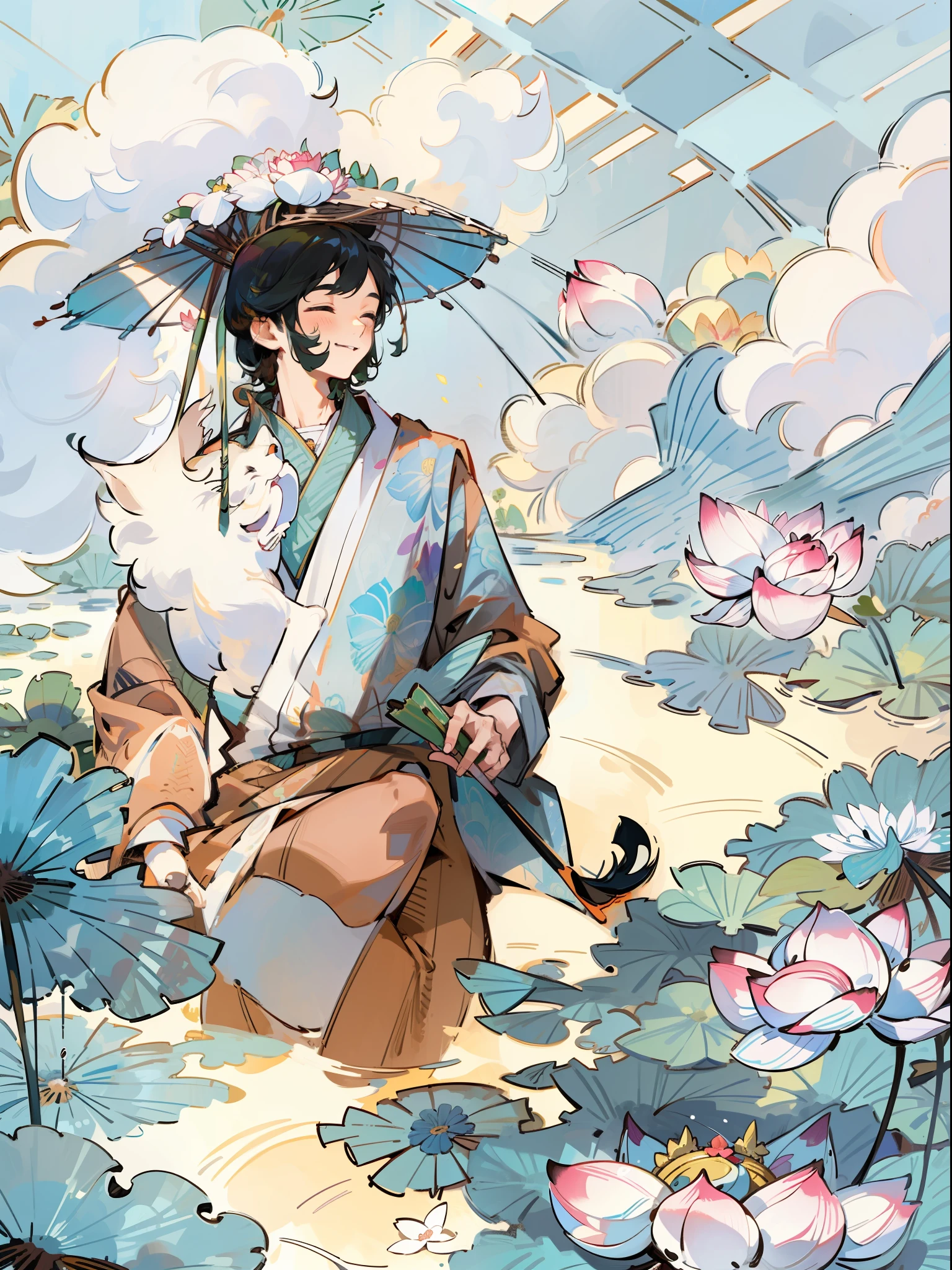 (Masterpiece, best quality), boy and dog playing in the water, smiling, lake full of flowers, lotus flowers, lotus leaves, clouds, splashes, sun, clean blue sky, having fun, summer