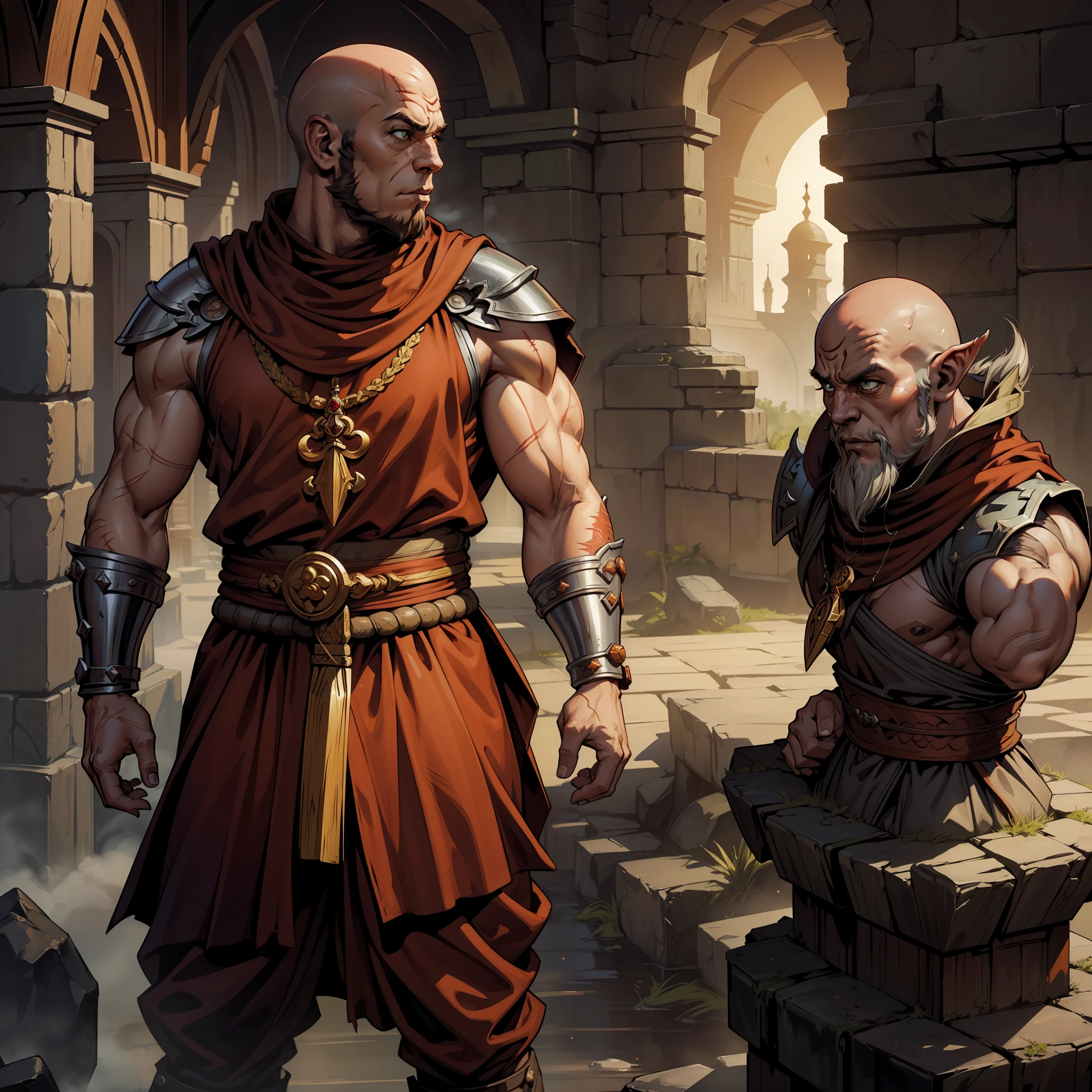 (extremely detailed 8k wallpaper:1.2), (best quality:1.2), (adventure and fantasy theme), profile (Paizo Pathfinder RPG character and Dungeons & Dragons), (((human race man))), young, strong, sharp focus, (subsurface scattering:1.1), award-winning photography, ((Monk Class:1.3)), ((half-body shot:1.1)), centered face, red-headed bald, freckles on face, big red beard, green eyes:1.2, scars on arms, angry expression, wearing red monk warrior clothes, clenched fists, (standing in monastery:1.3), (very detailed background:1.2),dramatic lighting, sfw