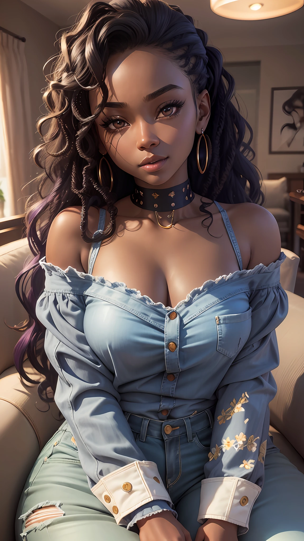 realistic portrait of a beautiful 9-month-old African-American girl ((dark skin color)) writing in a notebook, ((chibi)), cute smile, ((sitting on a living room couch)), wearing blouse and jeans, purple, current fashion, mega hair long curly hair, ((kanekalon)), (cinematic contour lighting), close-up, product visualization, detailed facial details, perfect face, sharpness, trending art, sharp facial details, cgsociety, very high quality digital art, exquisite hyper detail, 4k, 3d, 8k soft lighting, dreamy fashion --auto --s2