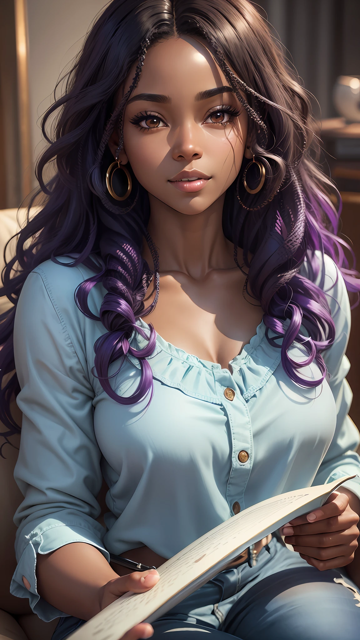 realistic portrait of a beautiful 9--old Acan-American girl ((dark skin color)) writing in a notebook, ((chibi)), cute smile, ((sitting on a living room couch)), wearing blouse and jeans, purple, current fashion, mega hair long curly hair, ((kanekalon)), (cinematic contour lighting), close-up, product visualization, detailed facial details, perfect face,  sharpness, trending art, sharp facial details, cgsociety, very high quality digital art, exquisite hyper detail, 4k, 3d, 8k soft lighting, dreamy fashion --auto --s2