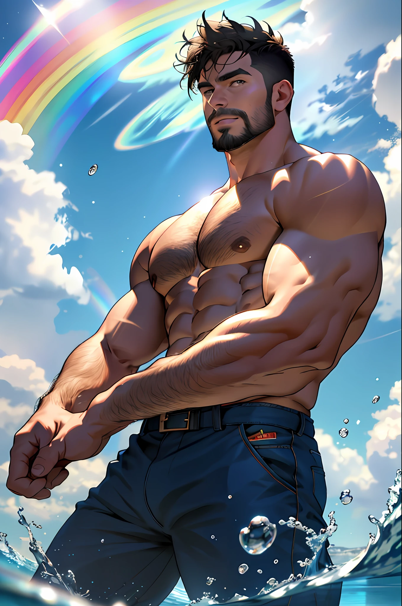 best quality, masterpiece, ultra high resolution,detailed background,realistic,solo,male,cowboy shot,mature,bara,topless,muscular,mature male,thick thighs,short hair,facial hair,recess,short hair,magic circle,bubble,in water,reflected mirror,rainbow light, bubble swirling, wind swirling, aurora, fantasy setting, depth of field, homosexual god, sexy