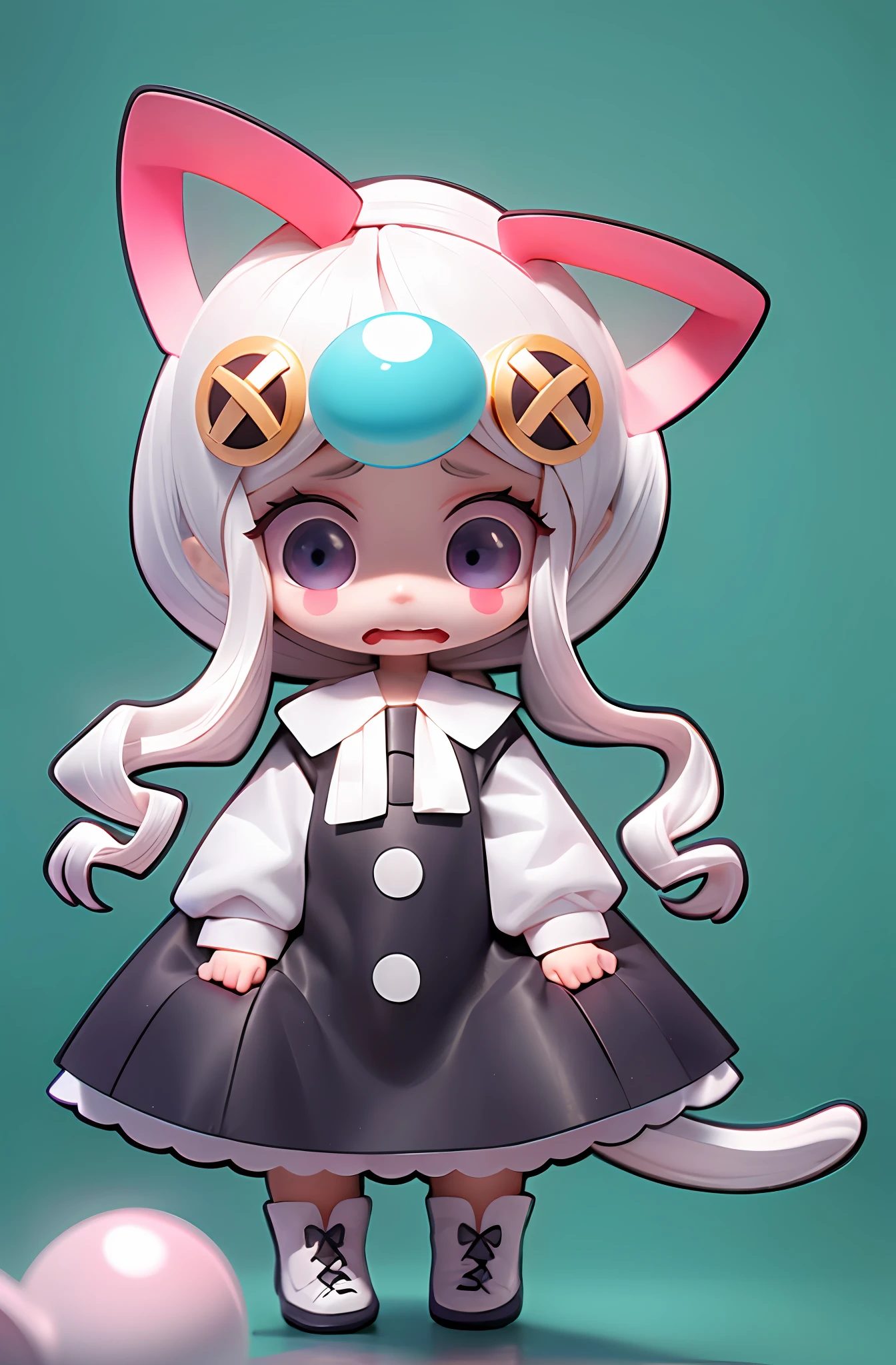 Masterpiece, Best Quality, Official Art, 8k Wallpaper, Very Detailed, Illustration, 1 Girl, White Hair, Beautiful Eyes, Super Cute Girl Full Body 3D Drawing, Good Looking Eyes, Big Eyes, Cute, Happy, C4D, Pop Matt Blind Box, Glow Bubble, Toy, Solid Color Background, Chibi, Fluorescent Translucence, Glow Body, Kawaii, Doll, Pop Mart Blind Box, Pixar, Intricate Details, 3D Rendering, Blender, OC Renderer, Fol Body reference sheet,dribble,high details,8k,studio lighting,loli,petite,child,chibi ,