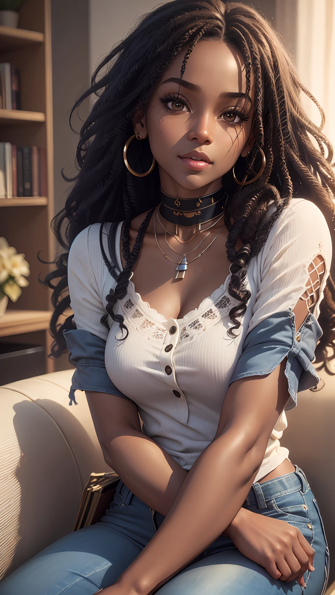 realistic portrait of a beautiful 9--old Acan-American girl ((dark skin color)) writing in a notebook, ((chibi)), cute smile, ((sitting on a living room couch)), wearing blouse and jeans, purple, current fashion, mega hair long curly hair, ((kanekalon)), (cinematic contour lighting), close-up, product visualization, detailed facial details, perfect face, sharpness, trending art, sharp facial details, cgsociety, very high quality digital art, exquisite hyper detail, 4k, 3d, 8k soft lighting, dreamy fashion --auto --s2
