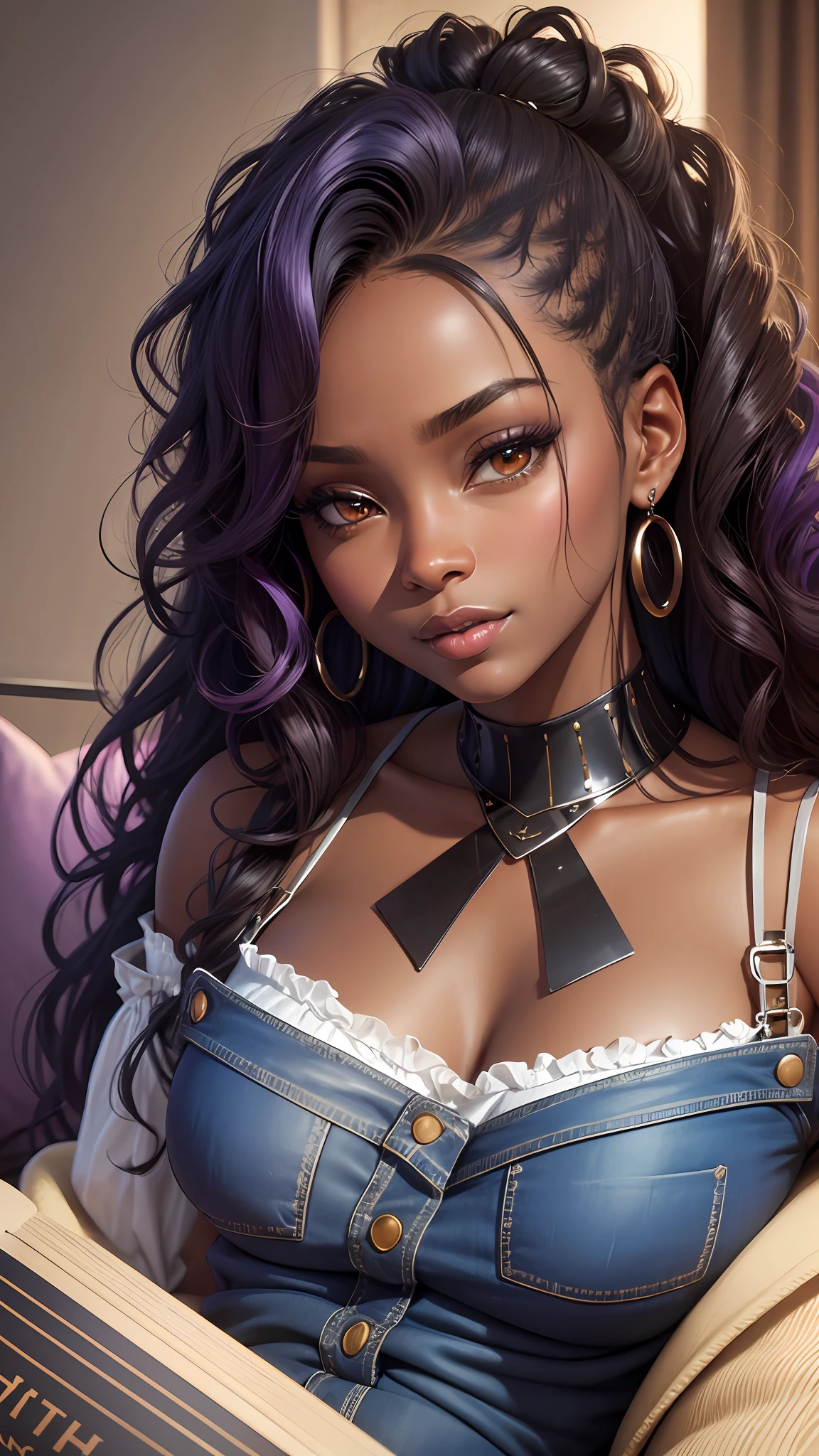 realistic portrait of a beautiful 9-month-old African-American girl ((dark skin color)) writing in a notebook, ((chibi)), cute smile, ((sitting on a living room couch)), wearing blouse and jeans, purple, current fashion, mega hair long curly hair, ((kanekalon)), (cinematic contour lighting), close-up, product visualization, detailed facial details, perfect face, sharpness, trending art, sharp facial details, cgsociety, very high quality digital art, exquisite hyper detail, 4k, 3d, 8k soft lighting, dreamy fashion --auto --s2