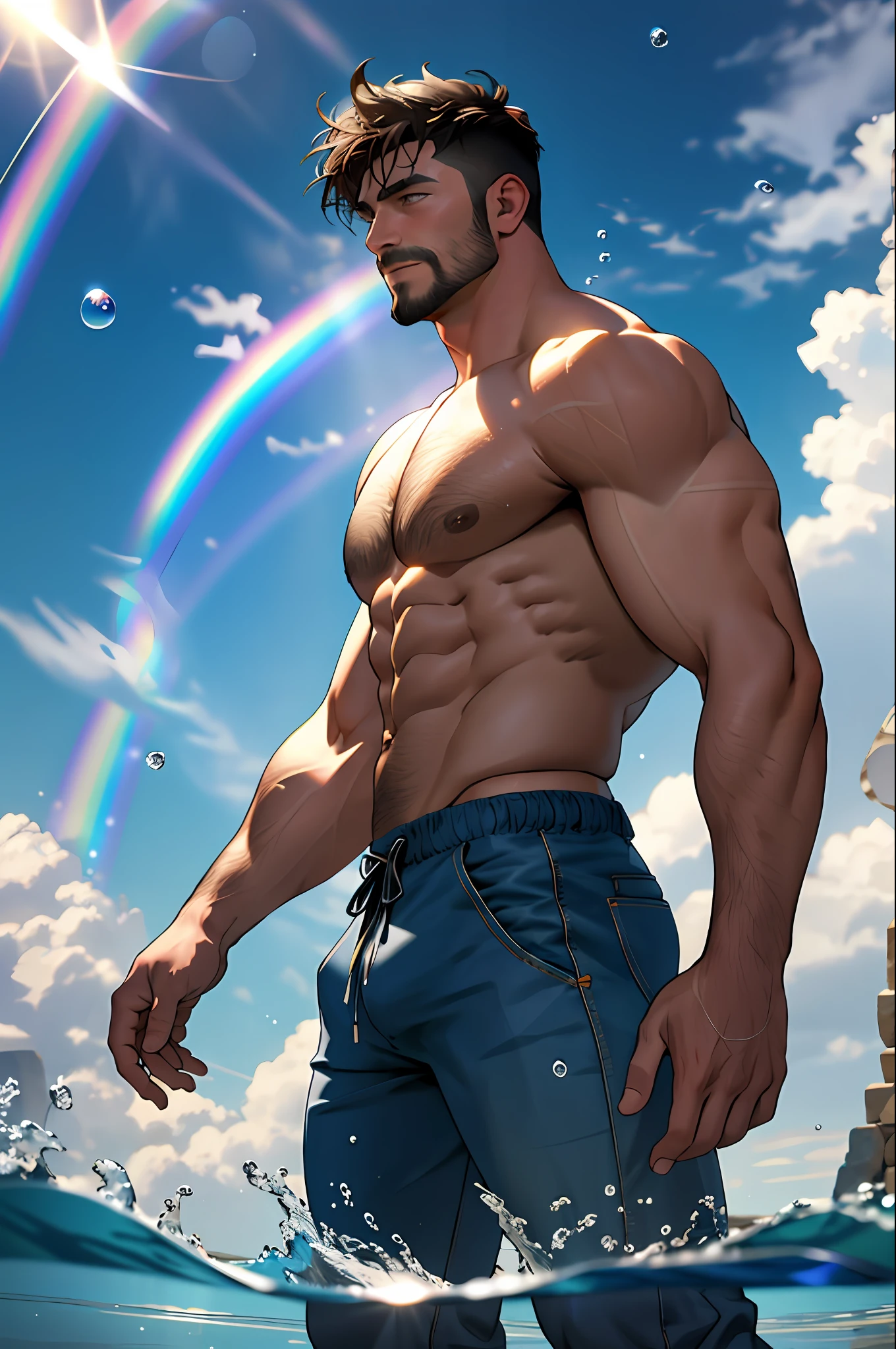 best quality, masterpiece, ultra high resolution,detailed background,realistic,solo,male,cowboy shot,mature,bara,topless,muscular,mature male,thick thighs,short hair,facial hair,recess,short hair,magic circle,bubble,in water,reflected mirror,rainbow light, bubble swirling, wind swirling, aurora, fantasy setting, depth of field, homosexual god, sexy