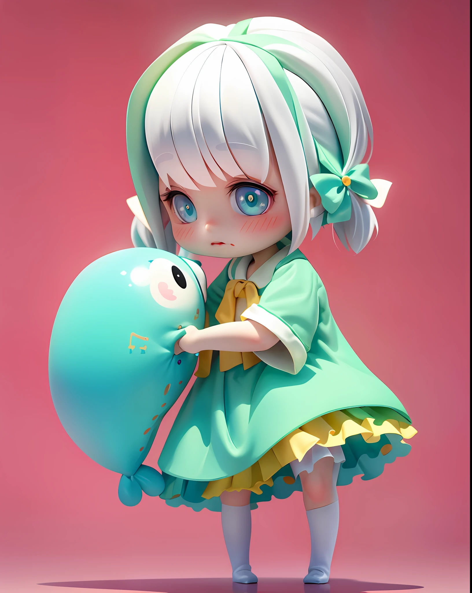 Masterpiece, Best Quality, Official Art, 8k Wallpaper, Very Detailed, Illustration, 1 Girl, White Hair, Beautiful Eyes, Super Cute Girl Full Body 3D Drawing, Good Looking Eyes, Big Eyes, Cute, Happy, C4D, Pop Matt Blind Box, Glow Bubble, Toy, Solid Color Background, Chibi, Fluorescent Translucence, Glow Body, Kawaii, Doll, Pop Mart Blind Box, Pixar, Intricate Details, 3D Rendering, Blender, OC Renderer, Fol Body reference sheet,dribble,high details,8k,studio lighting,loli,petite,child,chibi ,