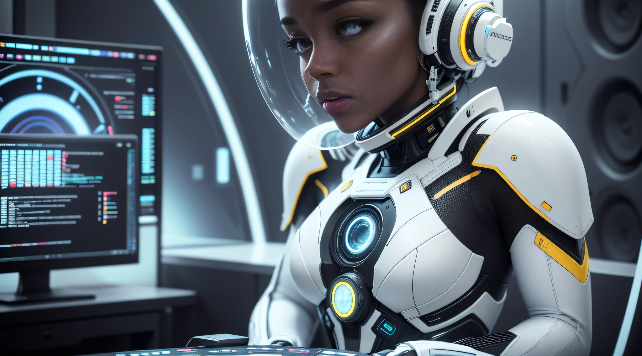 photorealism, sharp focus, volumetric fog, dramatic light, volumetric light, neon, 8k uhd, dslr camera, maximum quality, film grain, black skin, photorealism, lomography, view from above, translucent, anamorphic, (woman 45 years: 1.3), (man 46 years: 1.3), __body-parts__, official art, unity 8k technology, photography, photorealism, ultra detailed, medium depth of field, beautiful and aesthetic, beautiful, masterpiece, maximum quality,  RAW, masterpiece, super thin photo, best quality, general plan, top view, dynamic angle, super high resolution, photorealistic, natural light, full body portrait, incredibly beautiful, dynamic pose, delicate face, vibrant eyes, (side view), man and woman sitting wearing a futuristic space suit, white, black and gold, highly detailed control center background, detailed face, busy detailed complex background,  organized, beautiful, milky, highly detailed skin, realistic skin details, visible pores, large orbital station interior --auto --s2