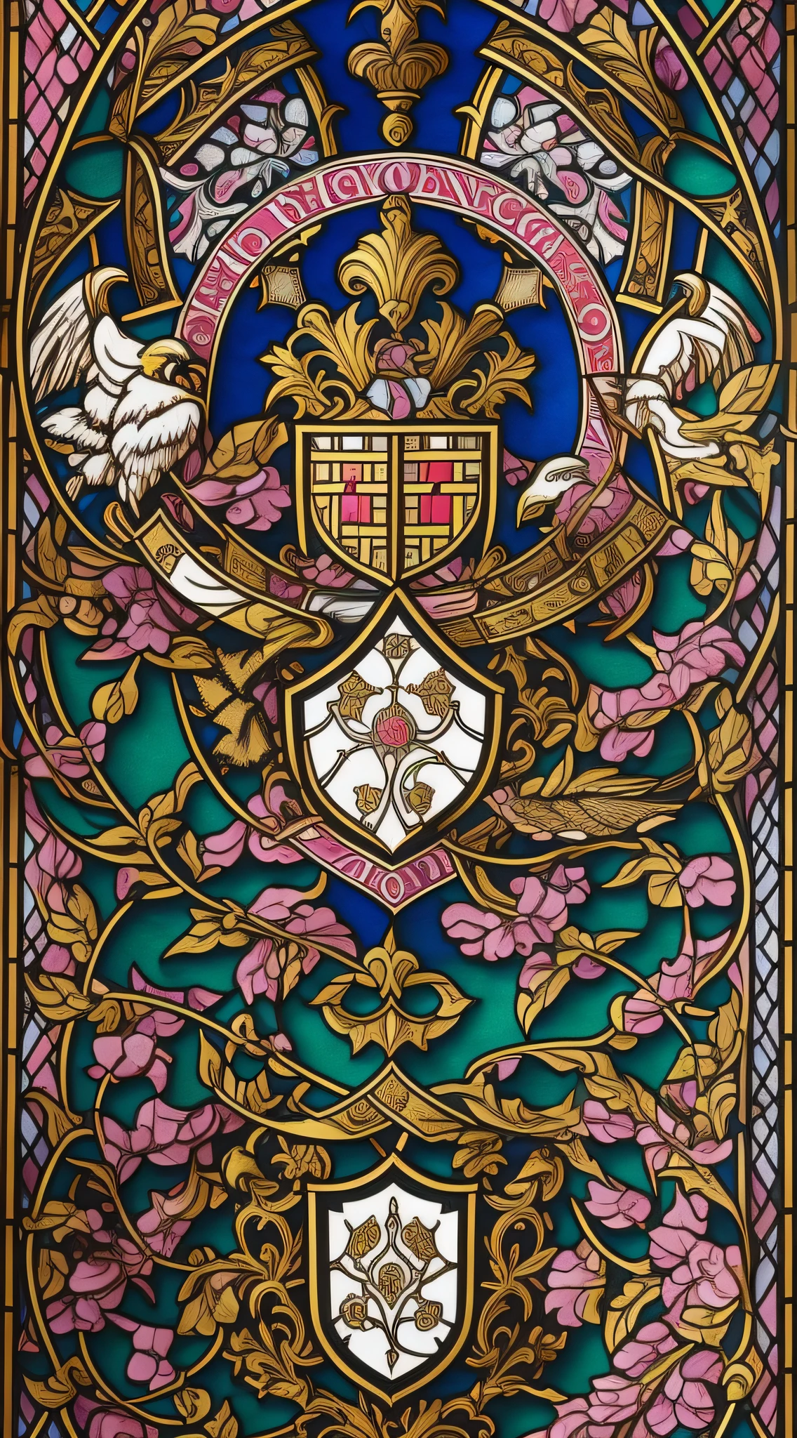 Creation of a medieval coat of arms on a banner, using the styles of Gothic and Baroque. Rich colors and detailed features in the foreground with a focus on shades of pink, black, blue, green, white. Use elements like eagles, sword, crowns, shields, and anything else that fits the theme. Stained glass like background with fine strokes of broken lines.