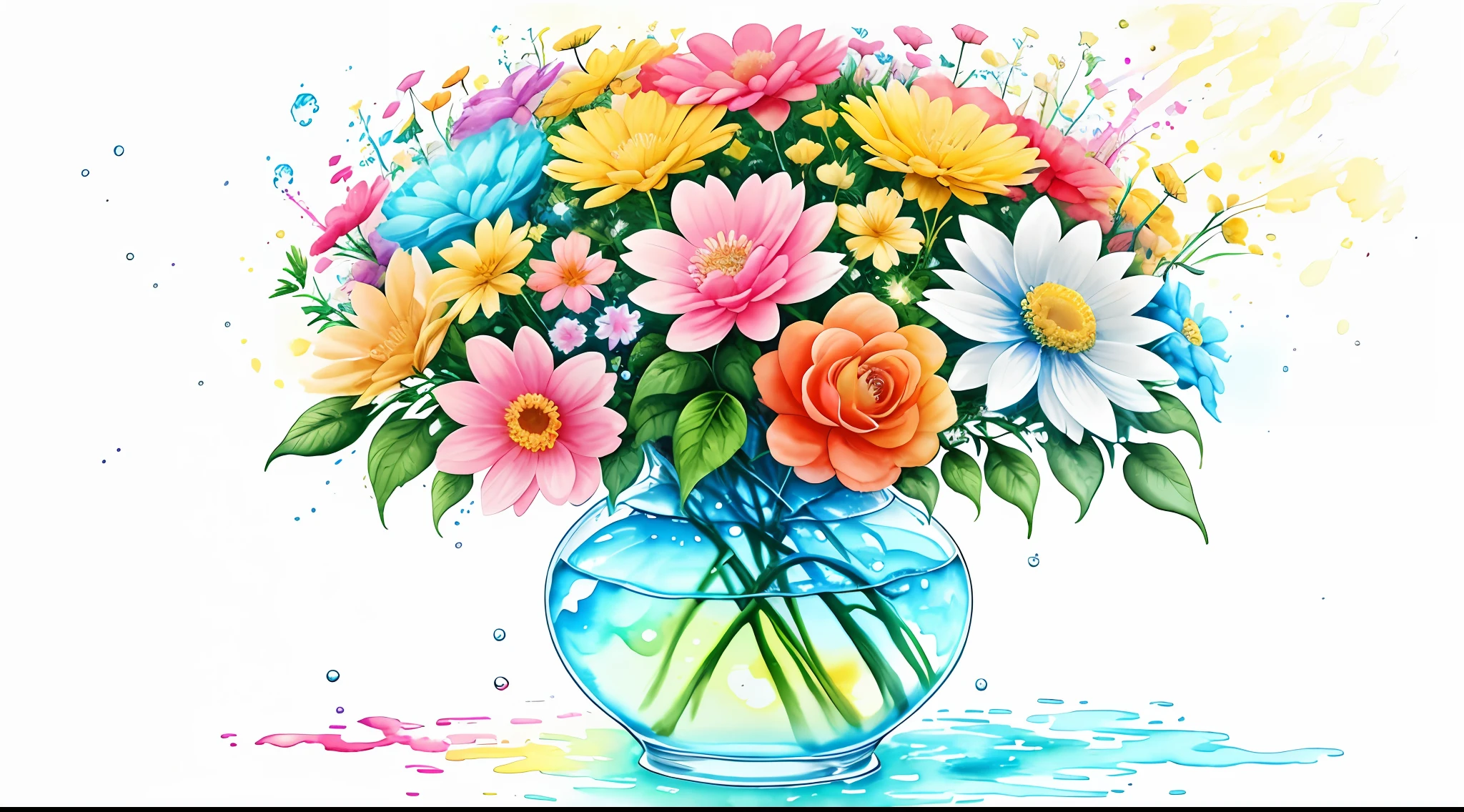 there are many flowers in a vase with water droplets on it, vibrant watercolor painting, floral splash painting, vibrant digital painting, painted in bright water colors, colorful watercolor painting, watercolors on canvas, watercolor digital painting, vibrant cmyk dye overpainting, colorful watercolor, magical colorful flowers, vibrant neon inks painting, vibrant watercolor, waterpaint art, colorful digital painting