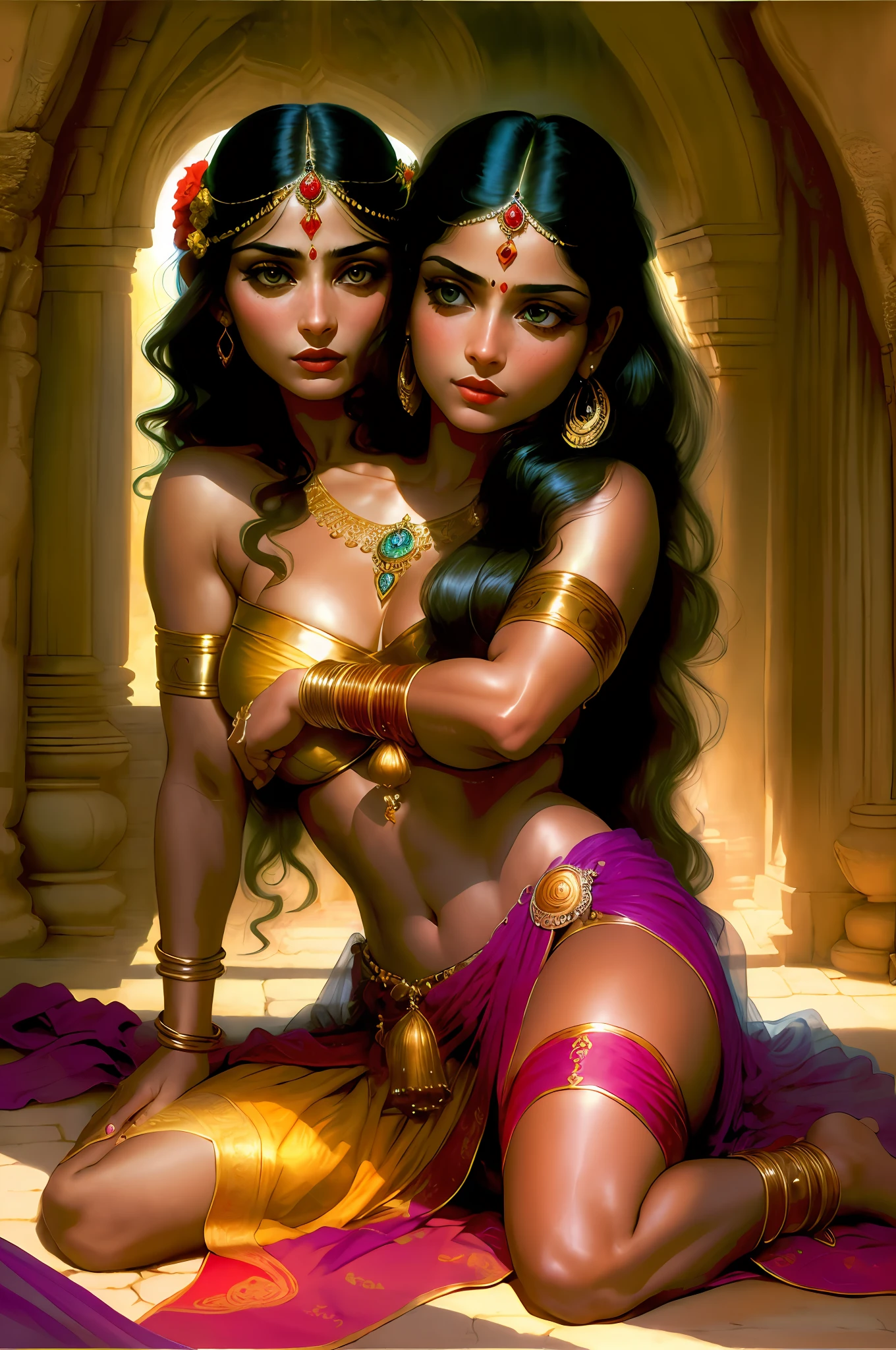 ((realistic:1.5)),((best quality)), ((masterpiece)),((detailed)), (2girls), conjoined, 2heads, multiple limbs, multiple legs, {a beautiful female wearing a Sari}, (upper body:1.3),super-wide-angle lens,face focus, mature,sexy,toned muscles,long legs,curvy,barefoot,oversized firm breasts,open cleavage,drooping breasts,thick thighs,wide hips,thin legs,green eyes,long black hair,floting hair,long eyelashes,(detailed face,beautiful eye,detailed pupilss,detailed clothes features,clear background:1.3),(Bindi,Jhumkas:1.3),(Armlet, Haar, Payal,Maang Tikka,Jhumkas,Kamarband,Bangles:1.3),mysterious ancient ruin, lush forests, deep canyons,bridge,river,cliff,cloud, lakes,rock,waterfalls, flowers, grass, fog,vine,tree, smoke,best shadow,bright details,sharp,perfect composistion, Intricate, Sharp focus, dramatic, by Frank Frazetta,by Julie Bell,by Olivia De Berardinis,by Luis Royo,by boris vallejo, (specular lighting:1.3),rim light,princesses,princesses playing with water,royal skimpy underwear,random royal color,laying on the floor,queen spooning princess,hand on underwear,thirsty face,erotic face,lips open,almost undressed,underwear slid down,female bodyguard with sword,gasping,breathing hard,visible slit,wet princess