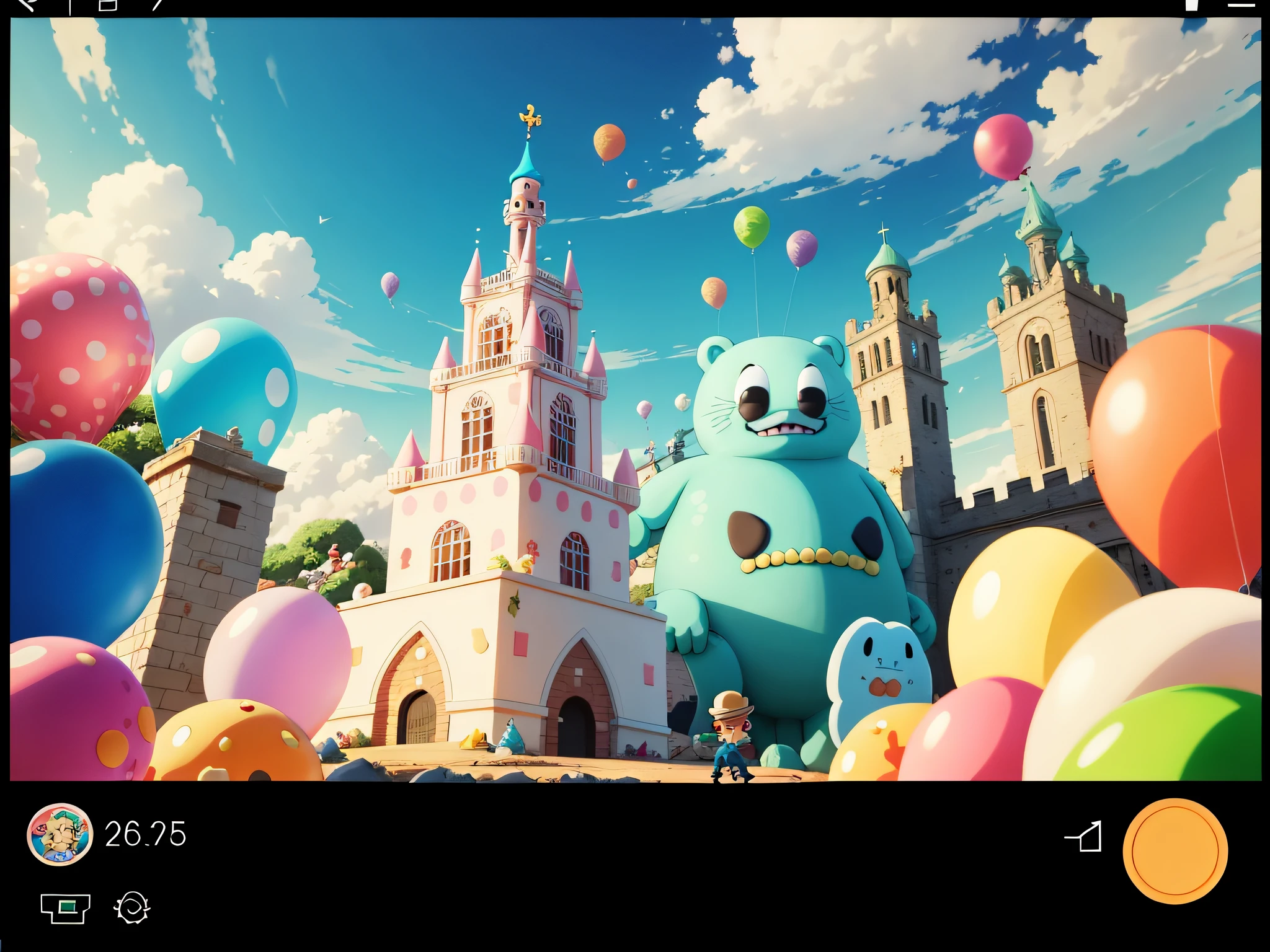 cartoon of a large cake with a lot of frosting on top, from one piece, cuphead, screenshot from the anime film, cuphead’s art style, cutscene, movie screen shot, light kingdom backdrop, animation still screencap, screenshot from game, screengrab, video game cutscene, screenshot from a 2012s anime, cutscene footage, cake building, cotton candy color, fantasy, magical, gummy bear birds, baloons, magical beast.
