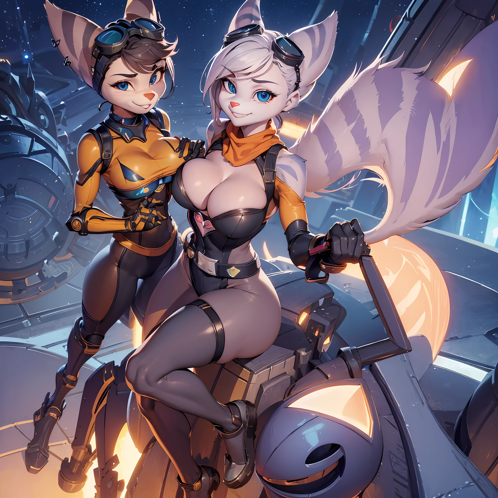 masterpiece,best quality, 8k,1girl,((furry)) , rivetlombax, blue eyes, animal ears, earrings, goggles on head, bangs, mechanical arms, scarf, bodysuit, belt, 1tail, (tail is attached to the ass) , forest, smile, not human, ass big,(looking flirtie) ,smile,forest,cartoon style, cute, (breast:1.7), full body picture, thick thighs, camel toe, night city, night time sky full of stars, arms crossed, Ratchet and Clank,