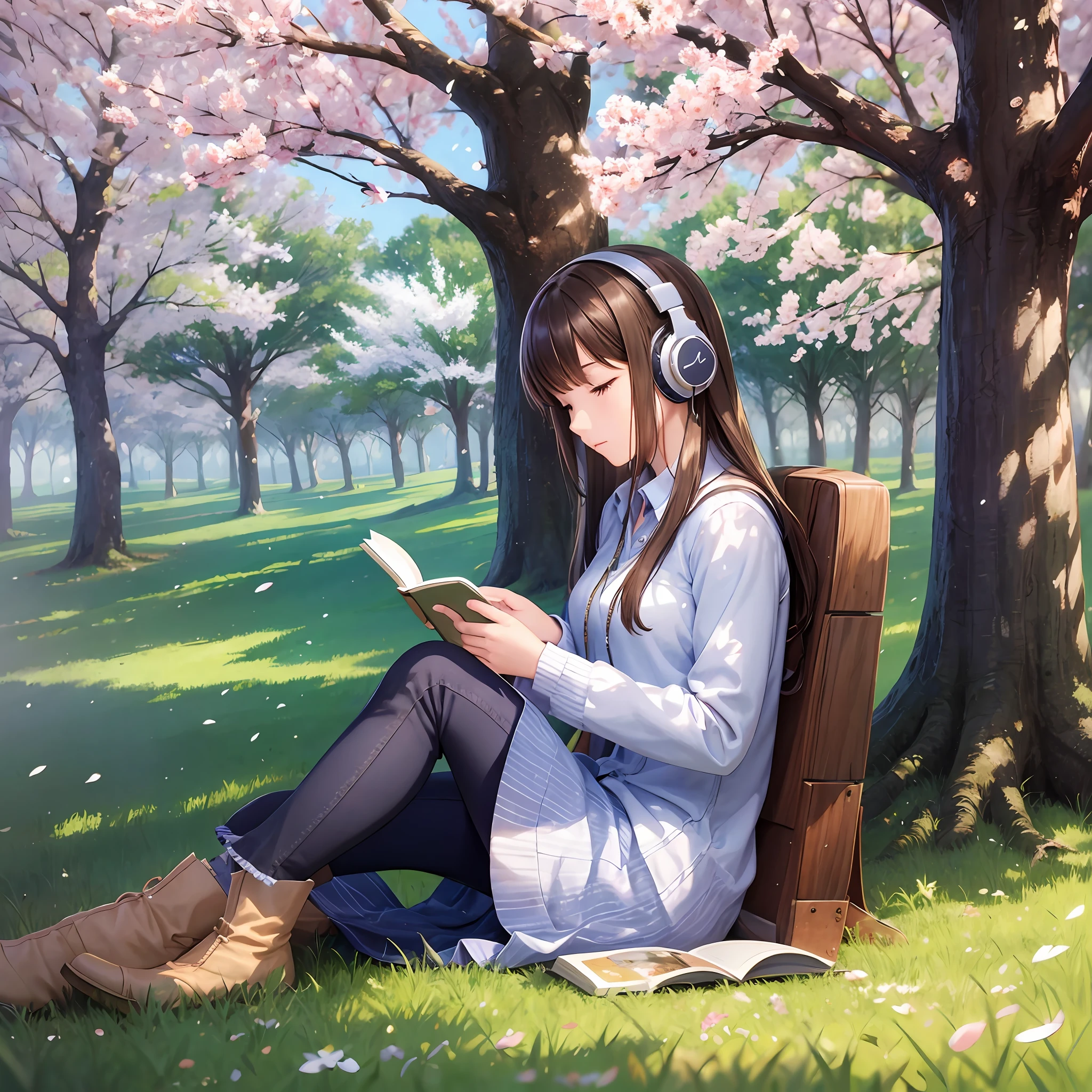 peace, silence, girl reading book with headphones under a tree, spring landscape, realistic, wind --auto --s2