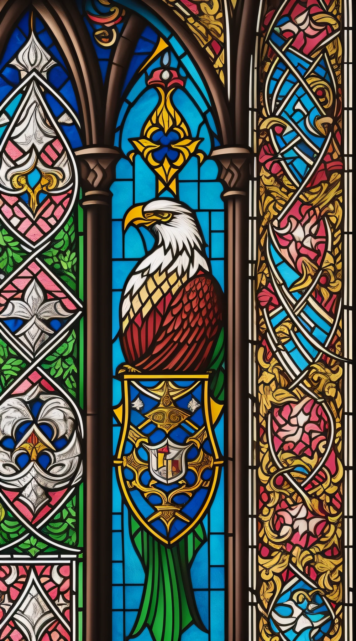 Creation of a medieval coat of arms on a banner, using the styles of Gothic and Baroque. Rich colors and detailed features in the foreground with a focus on shades of pink, black, blue, green, white. Use elements like eagles, sword, crowns, shields, and anything else that fits the theme. Stained glass like background with fine strokes of broken lines.