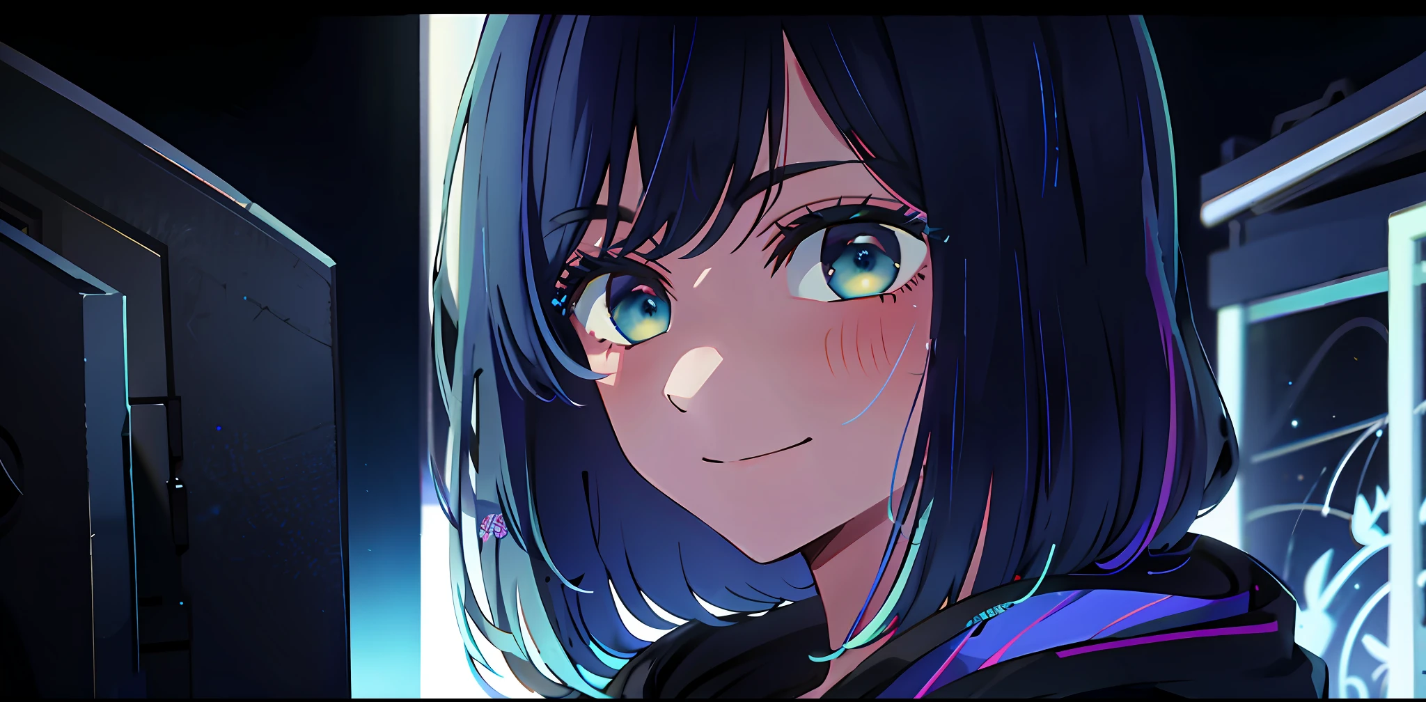 detailed background, masterpiece, best quality, smile, ornament, hoodie, portrait, blue neon, graffiti, dark, night, glowing eyes, blacklight